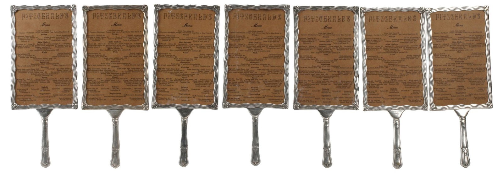 (7) AMERICAN GORHAM SILVERPLATE FRAMED RESTAURANT MENUS, 'FITZGERALD'S' (1 of 4)