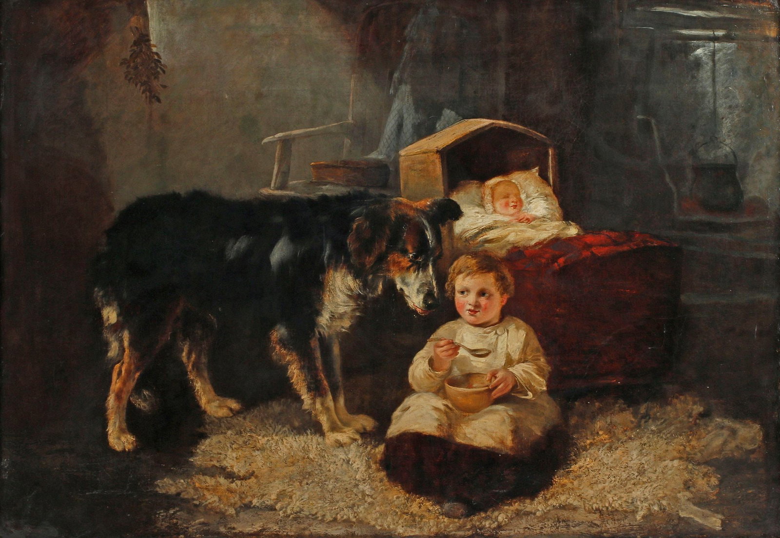 WILLIAM WALKER MORRIS (BRITISH, 19TH C.) GENRE PAINTING, CHILDREN & DOG IN COTTAGE: Framed oil on canvas painting, Cottage Interior with Child, Dog, and Baby, signed lower left W.W. Morris (William Walker Morris, British, active 1850-1867), dated 1856, sight: approx 35.75"h, 51"w, ov