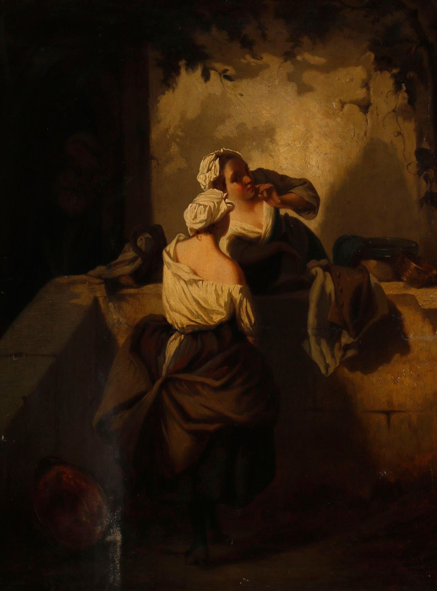 FRENCH SCHOOL (19TH C.) GENRE OIL PAINTING, THE WHISPERERS: Framed French School oil on canvas painting, Two Maidens Gossiping, apparently unsigned, canvas intact with professional restoration near central plane, relined, sight: approx 25"h, 18 5/8"w, overall: