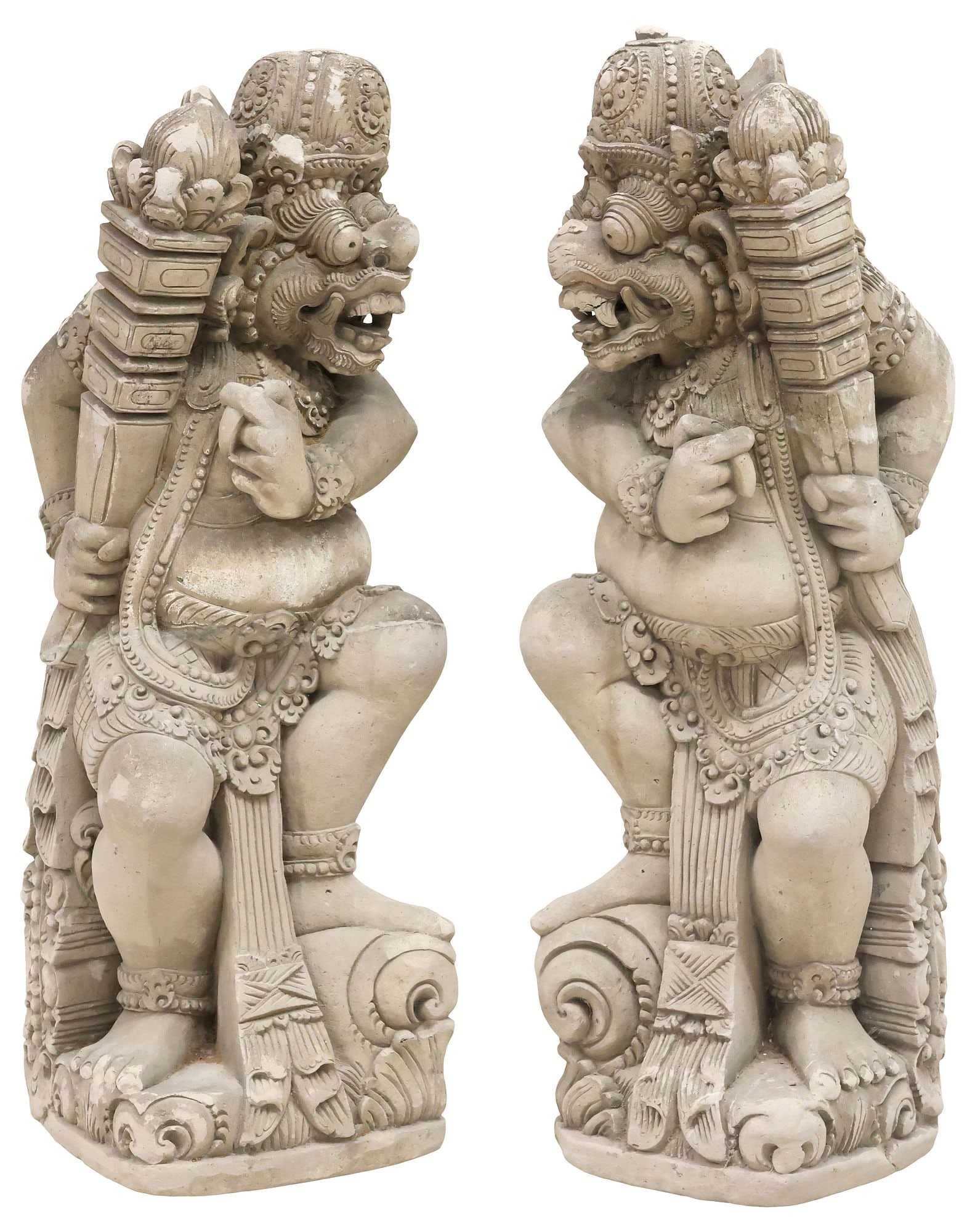 (2) LARGE BALINESE CAST BARONG DWARAPALA TEMPLE GUARDIANS, 40"H: (pair) Southeast Asian cast dwarapala temple guardians, Bali, Indonesia, modeled as an opposing pair of Barong, the king of good spirits, one arm hoisting a torch, the other in the Kapittha mudra, sma