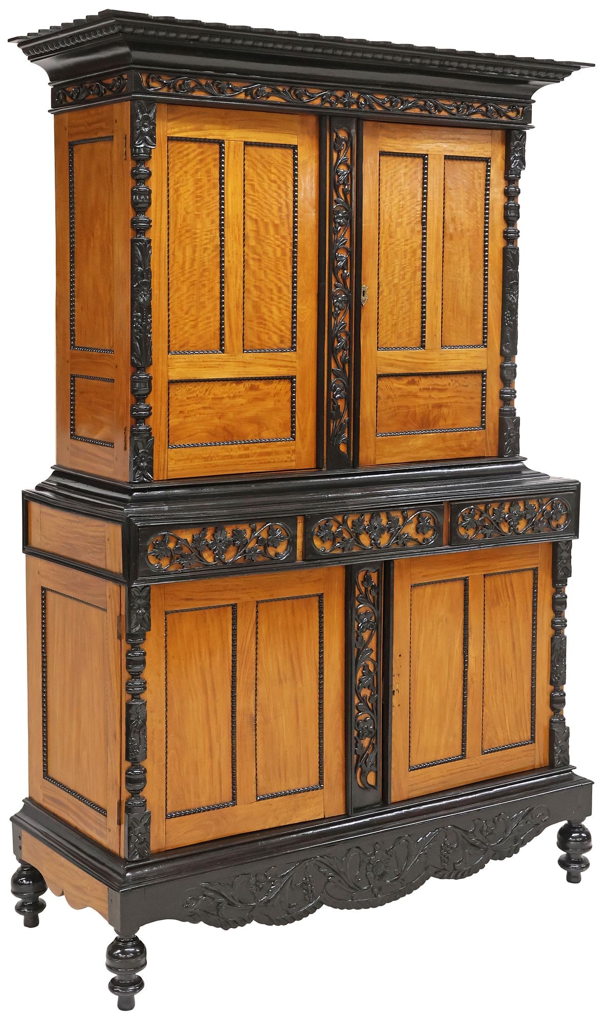 FINE DUTCH COLONIAL PARCEL-EBONIZED & CARVED SATINWOOD CABINET, INDIA (1 of 7)