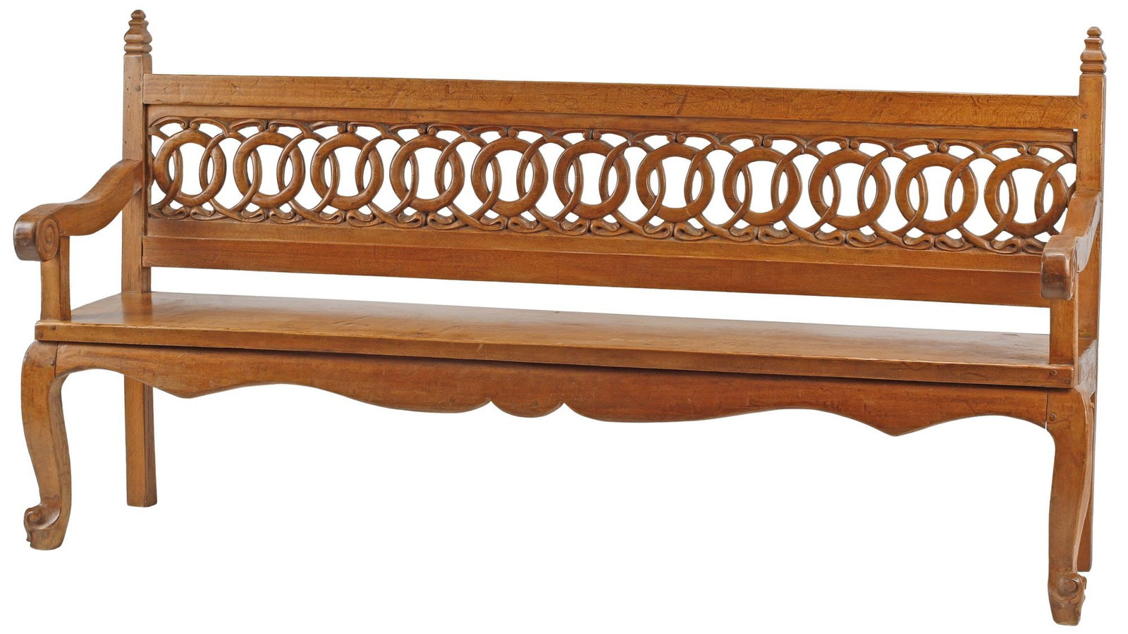 COLONIAL CARVED WALNUT HALL BENCH WITH OPENWORK RING SPLAT: Colonial carved walnut hall bench,19th c., having openwork splat with interlocking rings and scroll motifs, over scalloped apron, rising on from cabriole legs, ending on whorl feet, approx 44"h, 85"w,