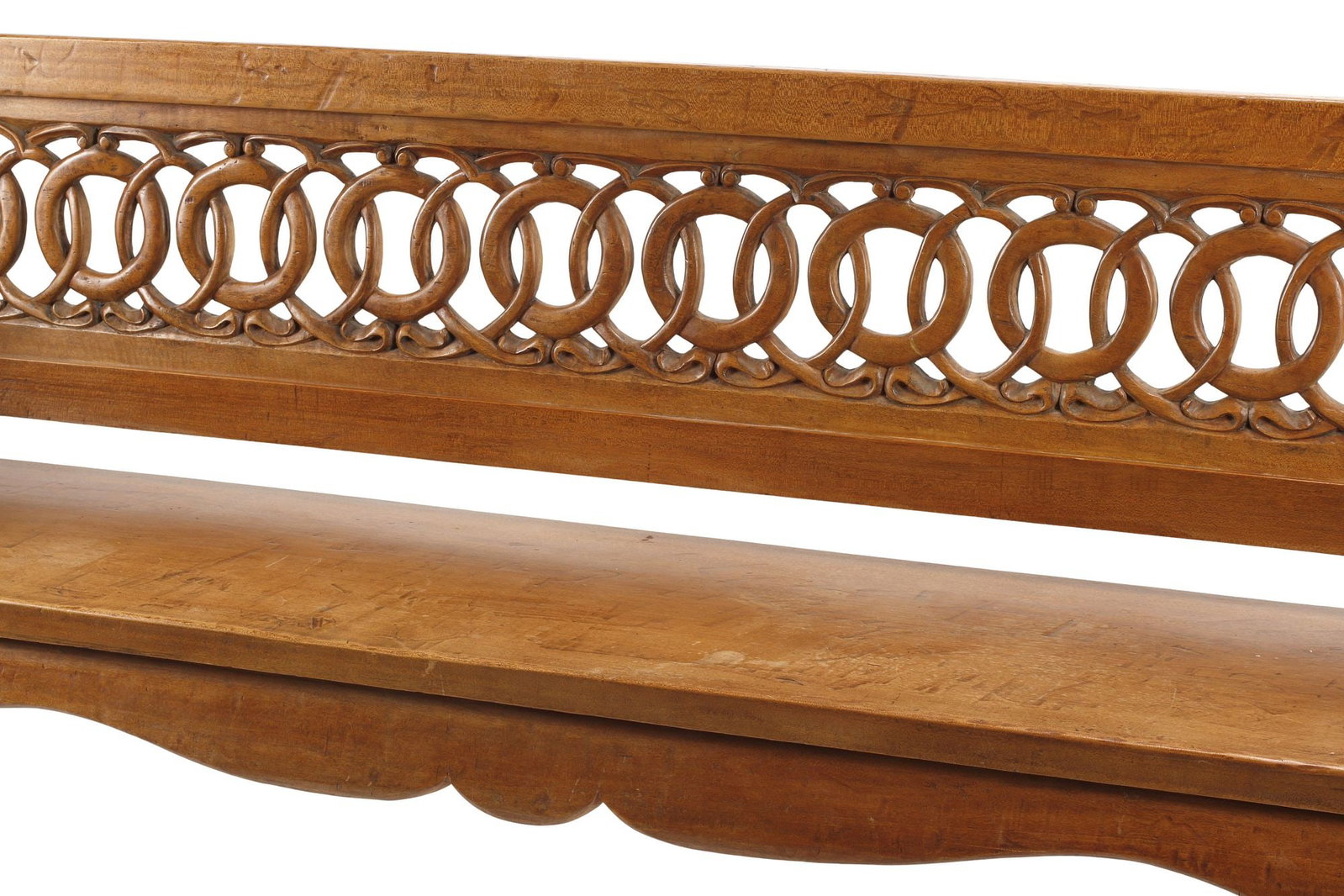 COLONIAL CARVED WALNUT HALL BENCH WITH OPENWORK RING SPLAT - 2