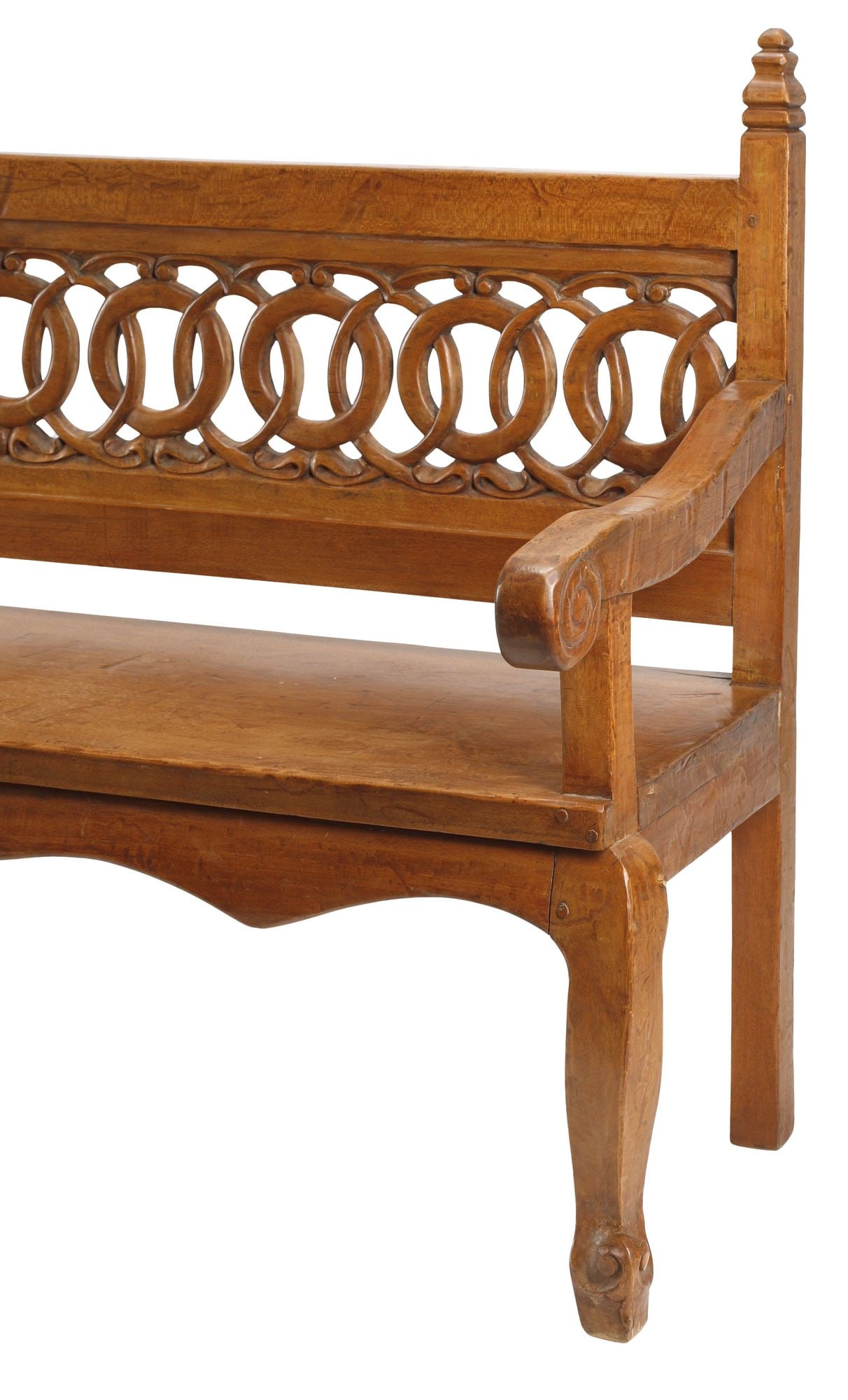 COLONIAL CARVED WALNUT HALL BENCH WITH OPENWORK RING SPLAT - 3