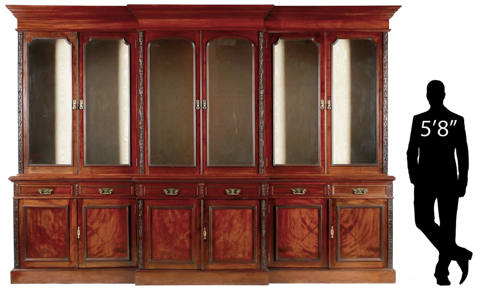 MONUMENTAL FRENCH CARVED FLAME MAHOGANY DISPLAY BOOKCASE, 104"H (1 of 7)