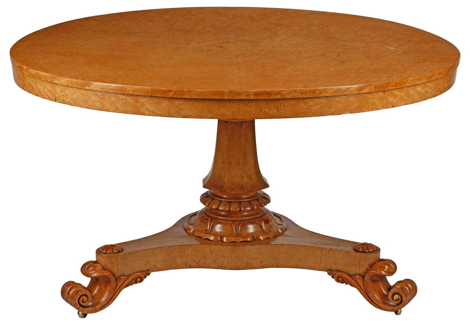 FRENCH LOUIS PHILIPPE PERIOD BURLWOOD PEDESTAL CENTER TABLE: French Louis Philippe period burlwood center table, mid 19th c., having circular top, rising on paneled octagonal pedestal and tripartite base, ending on scrolled feet and casters, approx 29"h, 50"dia