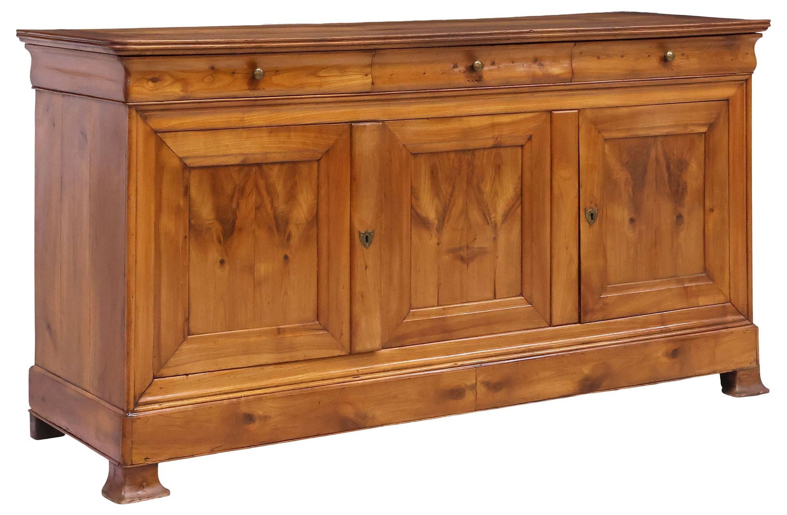 FRENCH LOUIS PHILLIP PERIOD FRUITWOOD SIDEBOARD: French Louis Philippe period fruitwood sideboard, mid 19th c., rounded rectangular top, over three drawers and three paneled cabinet doors, opening to fixed height shelf, on flared bracket feet, appro