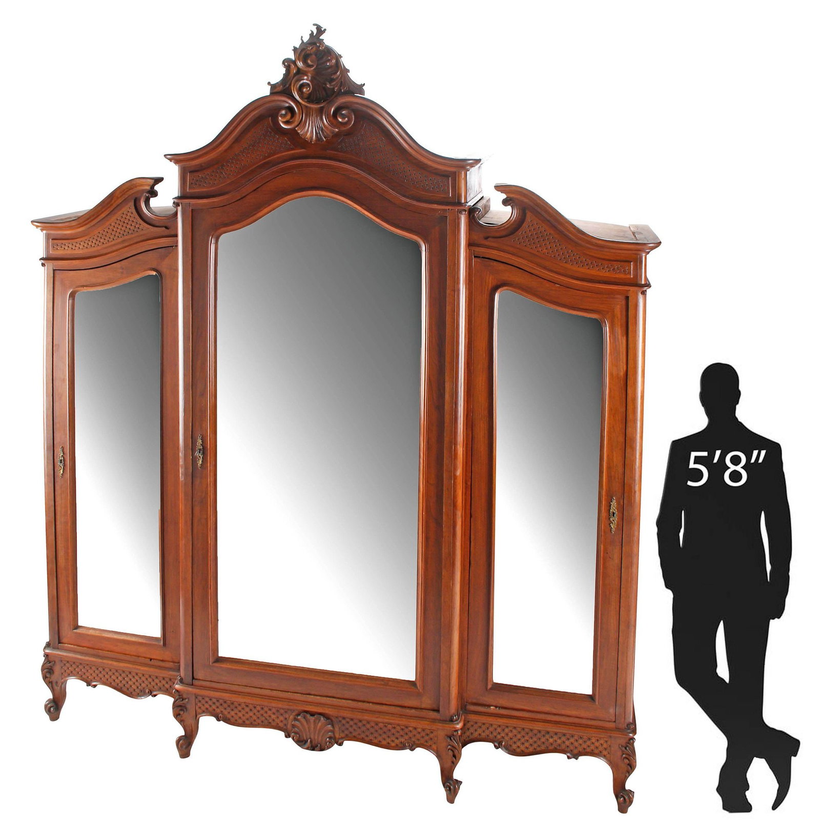 FRENCH PROVINCIAL LOUIS XV STYLE MIRRORED 3-DOOR ARMOIRE, 110"H: French Provincial Louis XV style carved wood armoire, 19th c., having split pediment surmounted by scrolling foliate crest, above three cabinet doors faced by beveled mirror plates, central door with 