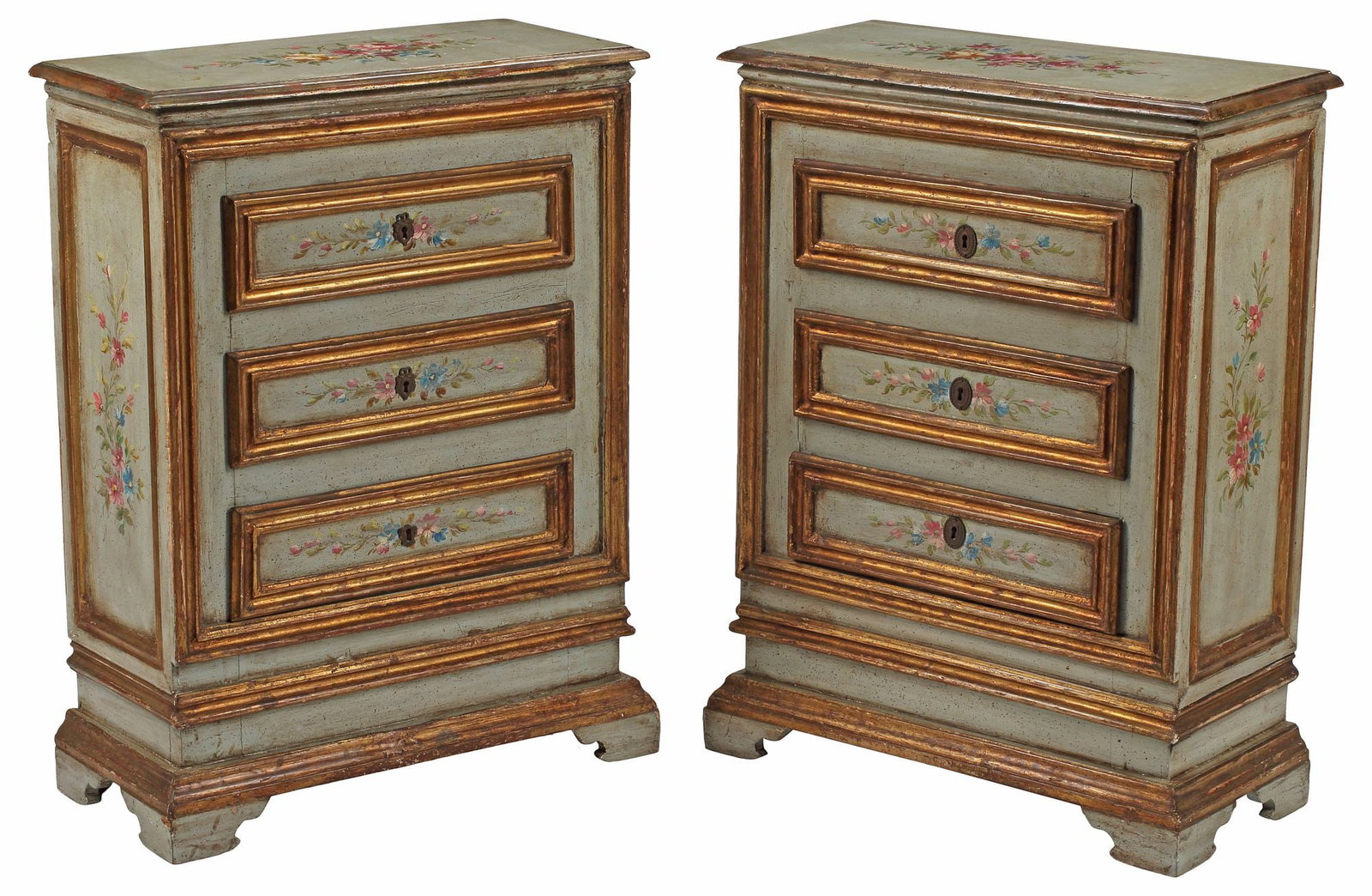 (2) VENETIAN PARCEL-GILT & PAINT-DECORATED PETITE COMMODES, 32"H X 24"W (1 of 5)