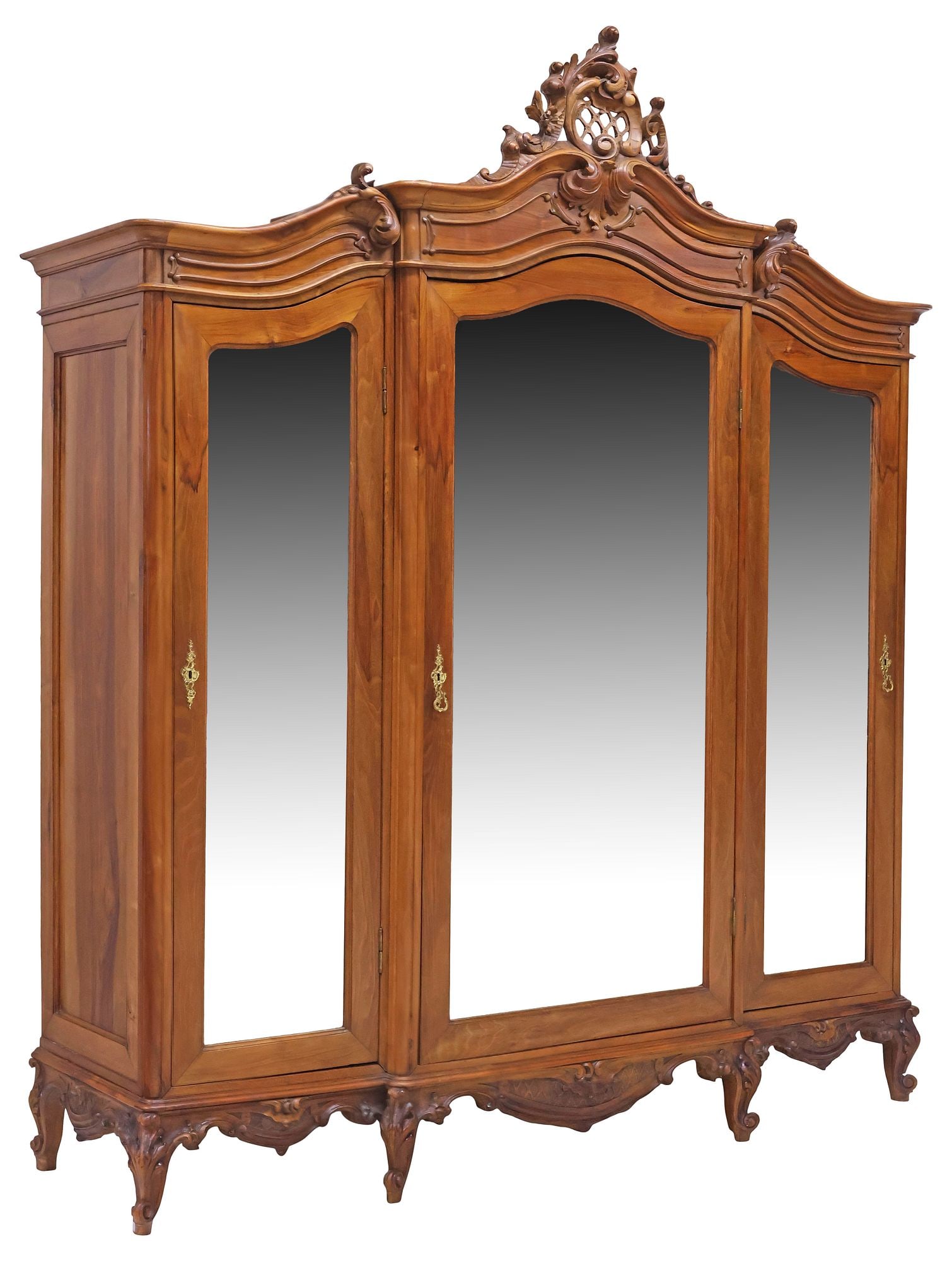 FRENCH LOUIS XV STYLE CARVED & MIRRORED WALNUT ARMOIRE, 98"H (1 of 4)
