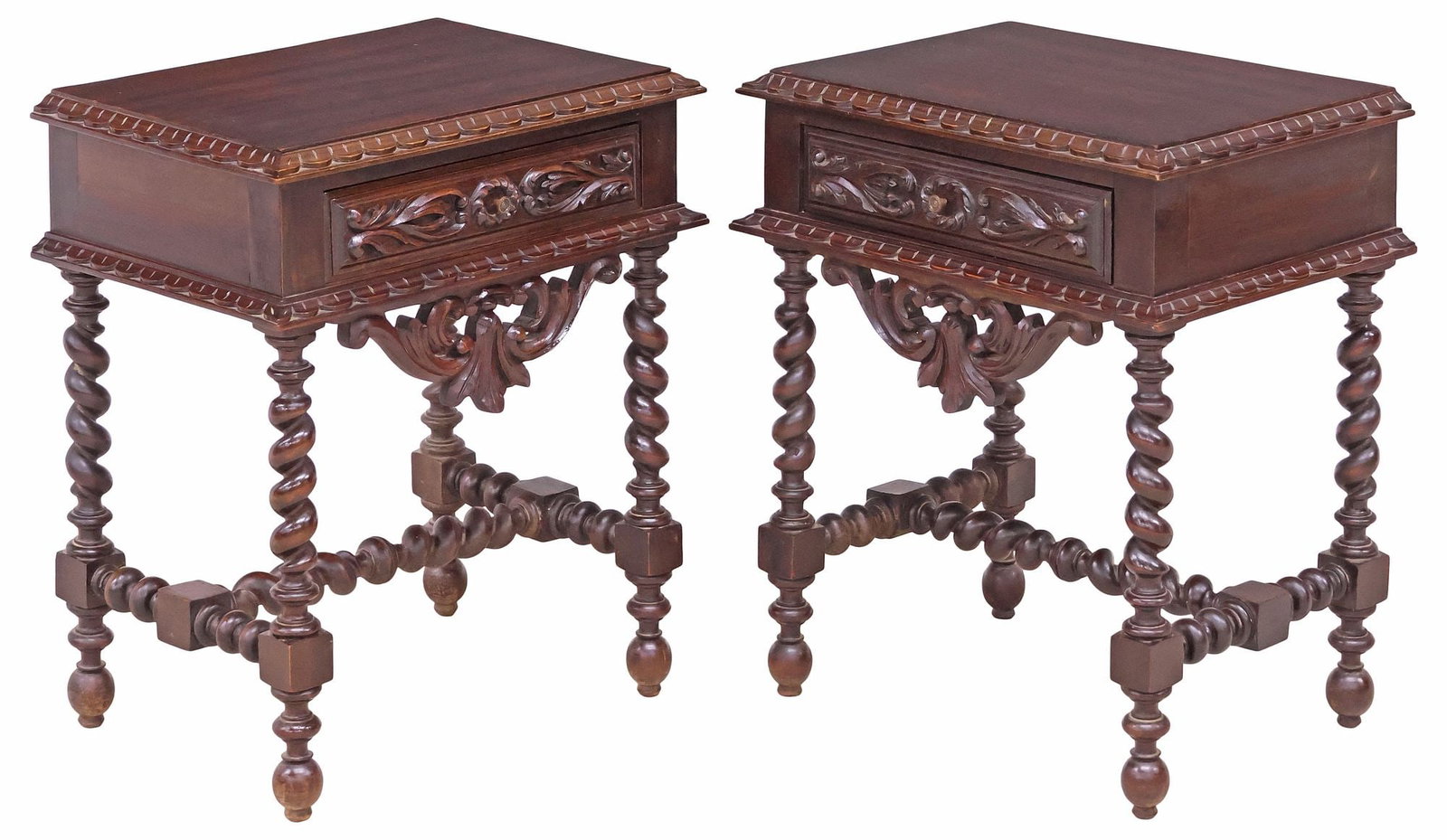 (2) FRENCH LOUIS XIII STYLE CARVED WALNUT SPIRAL TWIST NIGHTSTANDS: (pair) French Louis XIII style carved walnut bedside cabinets, 20th c., rectangular top with scalloped trim, over single drawer, rising on spiral twist supports joined by H-stretcher, ending on toupie