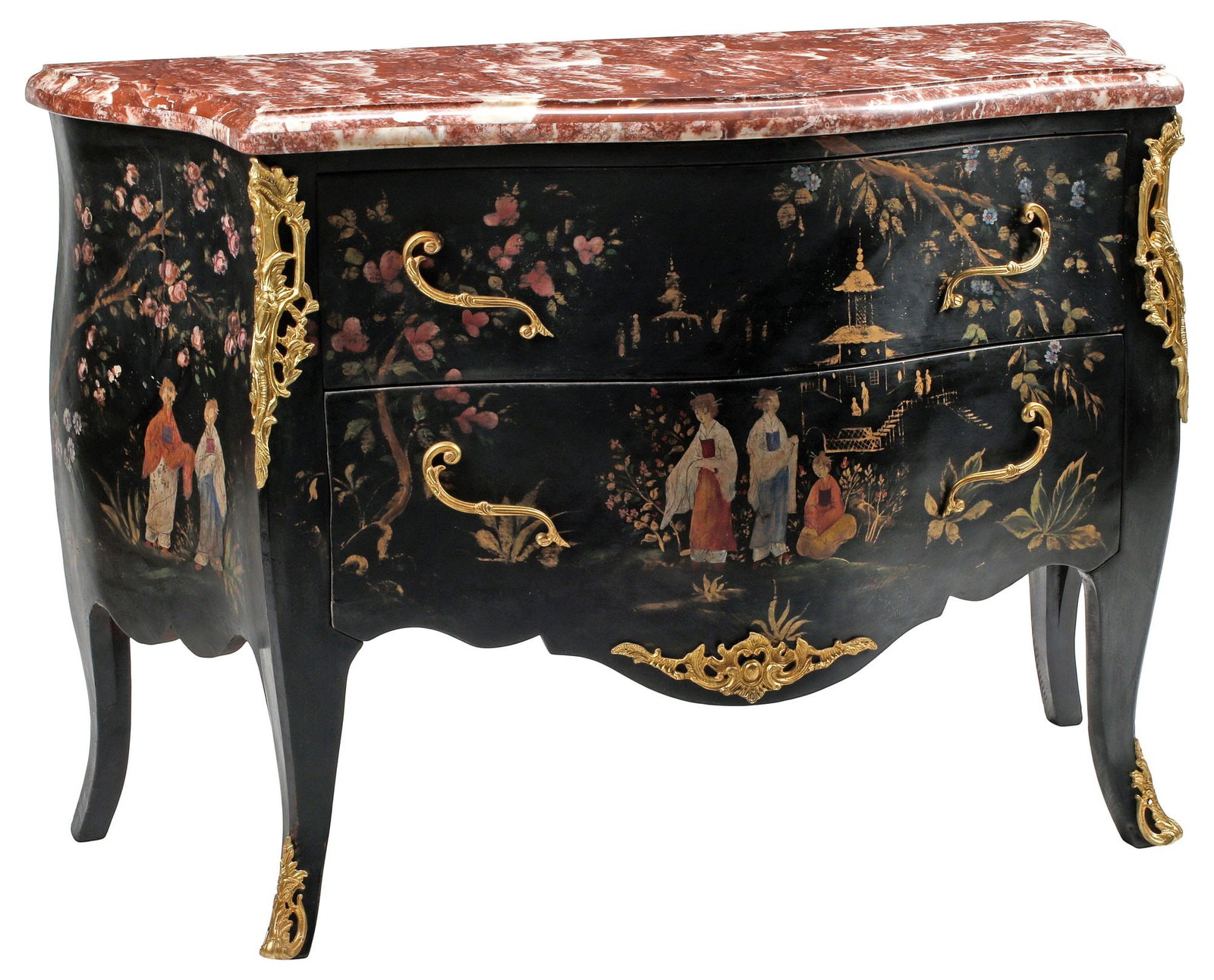 LOUIS XV STYLE MARBLE-TOP CHINOISERIE LACQUER BOMBE COMMODE (1 of 8)
