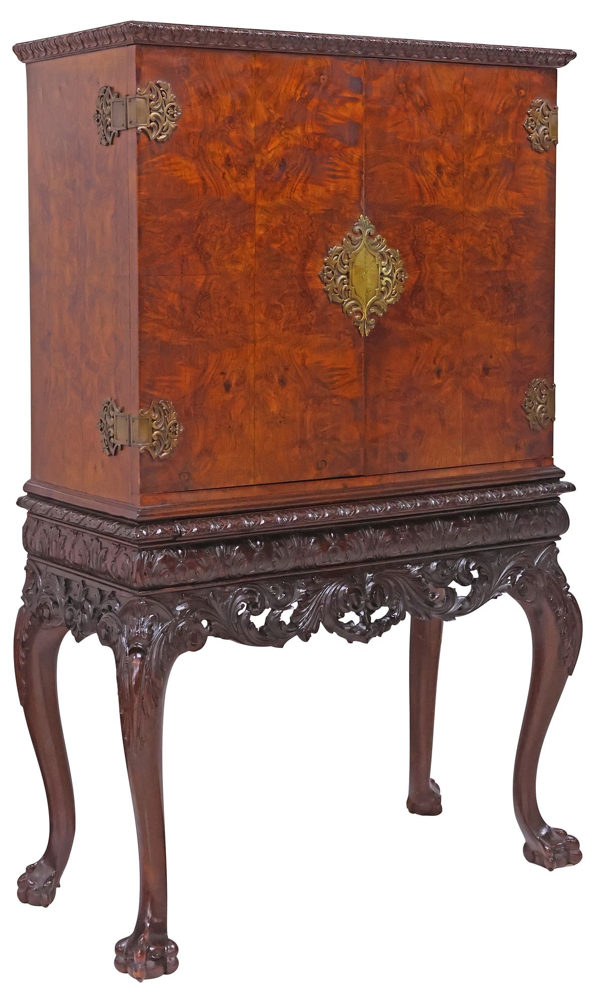 CHIPPENDALE STYLE BRASS-MOUNTED BURL WALNUT CABINET ON STAND (1 of 7)