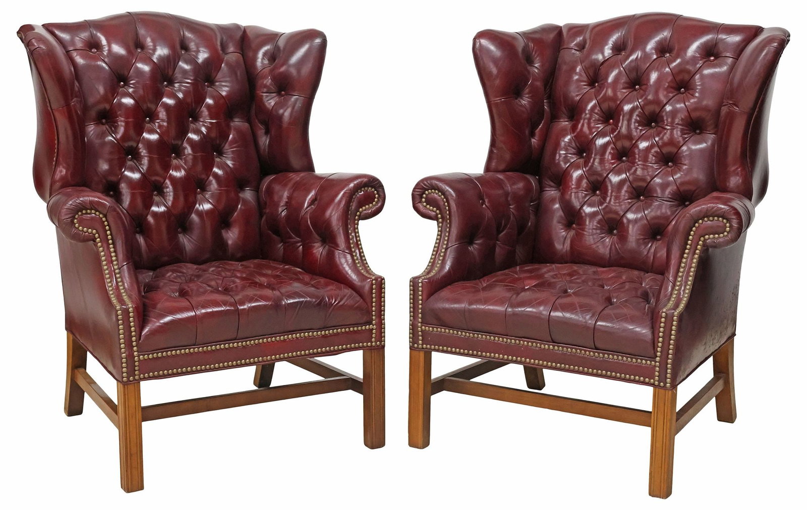 (2) ENGLISH GEORGIAN STYLE BUTTONED OXBLOOD LEATHER WINGBACK ARMCHAIRS (1 of 3)