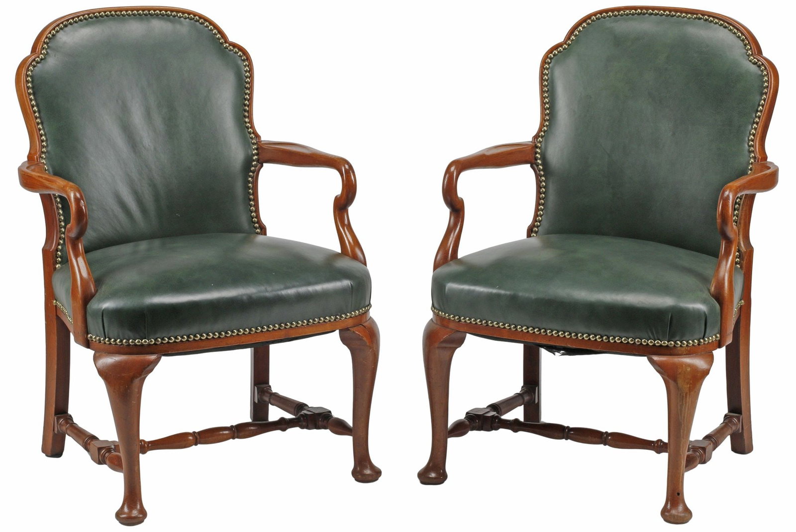 (2) GEORGIAN STYLE GREEN LEATHER-UPHOLSTERED WALNUT ARMCHAIRS (1 of 5)