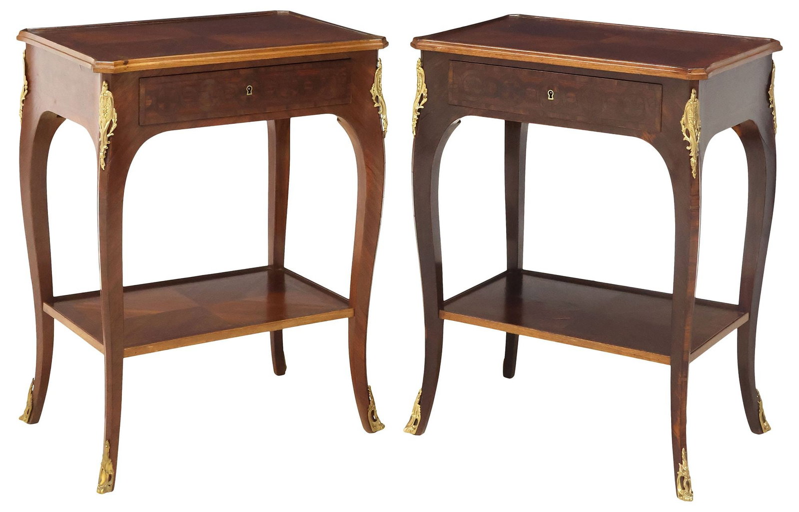(2) FRENCH LOUIS XV STYLE INLAID MAHOGANY SIDE TABLES (1 of 5)