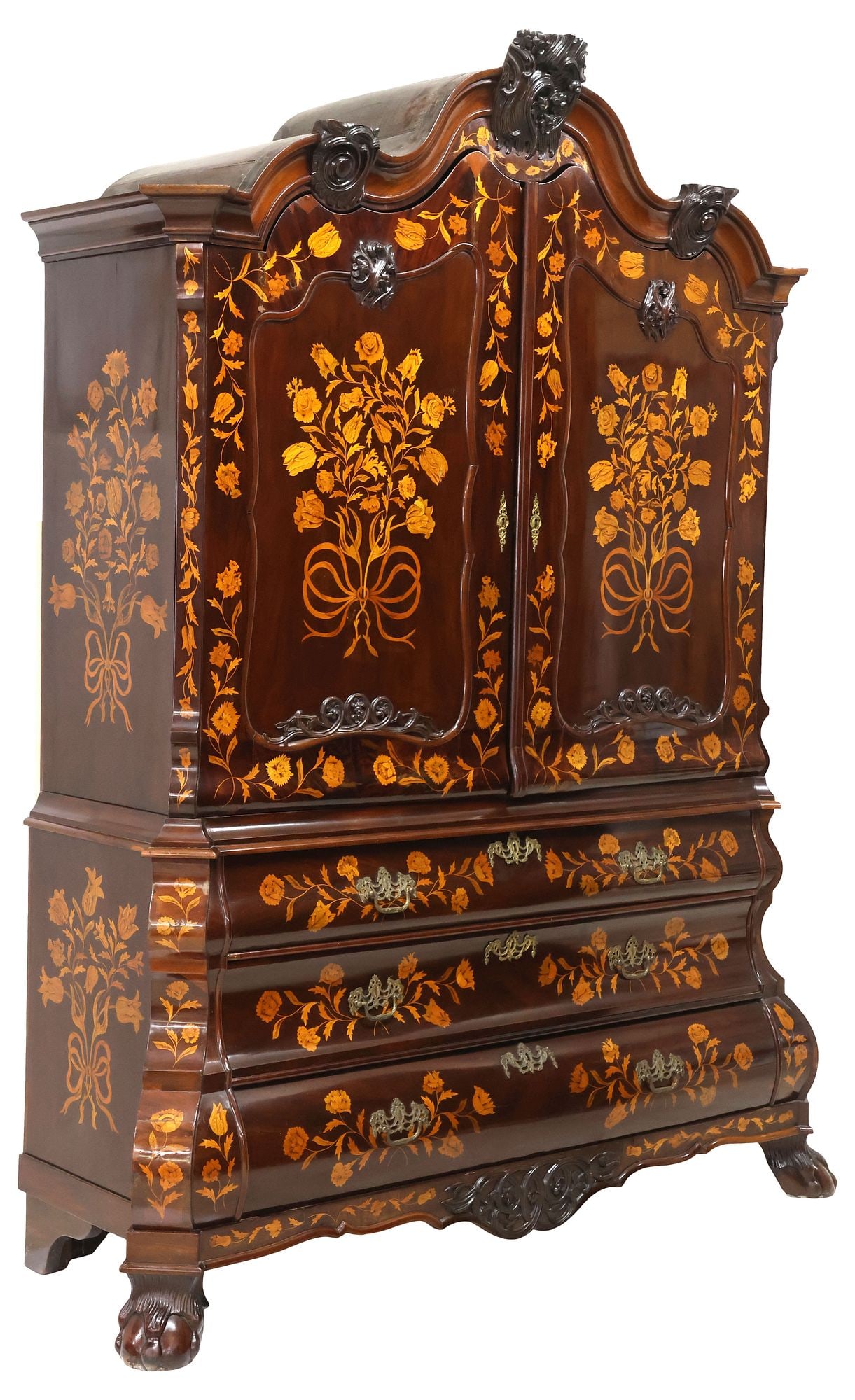 DUTCH BAROQUE STYLE MARQUETRY INLAID MAHOGANY LINEN PRESS, 95"H (1 of 8)