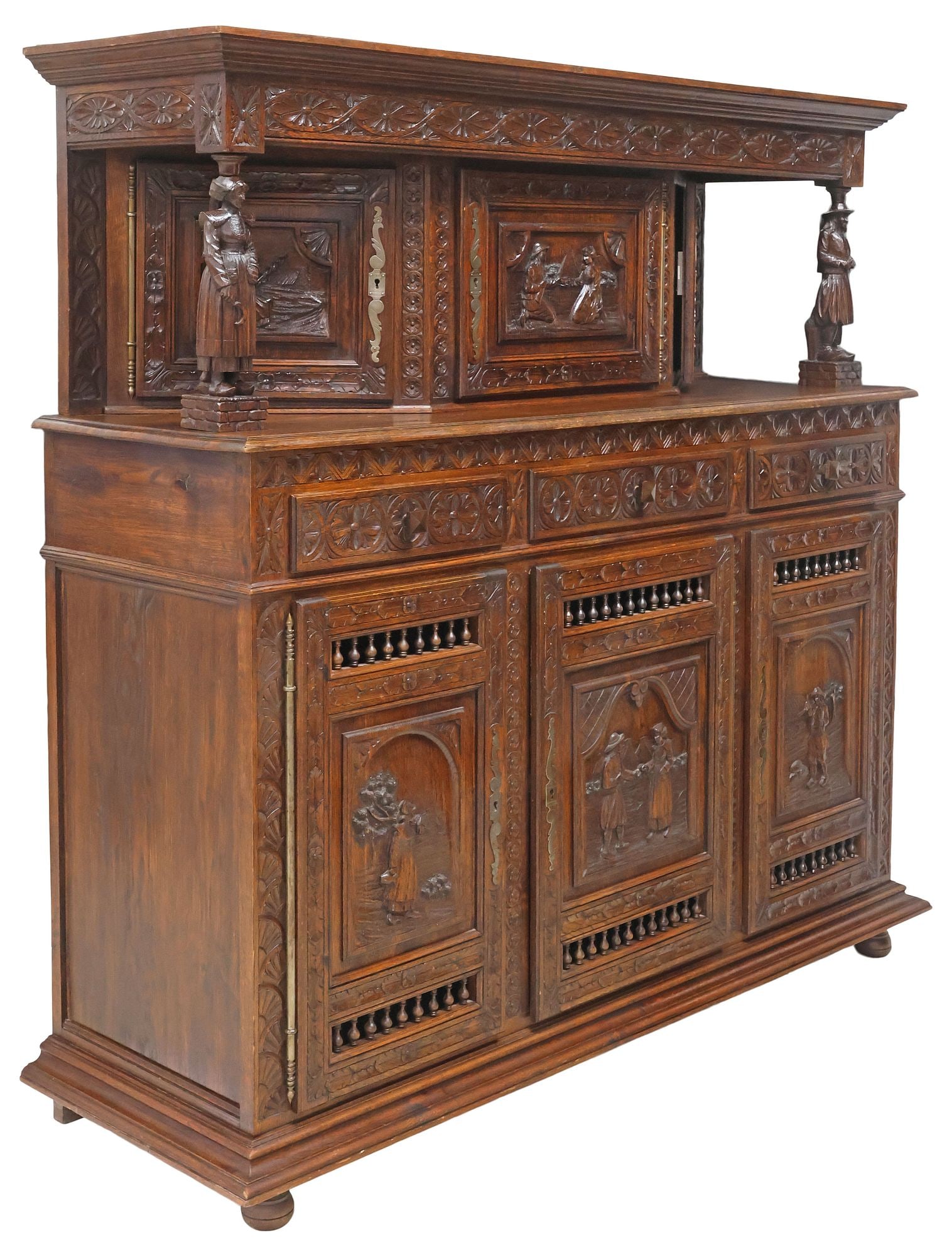 FRENCH BRETON CARVED & SPINDLED OAK SIDEBOARD (1 of 8)