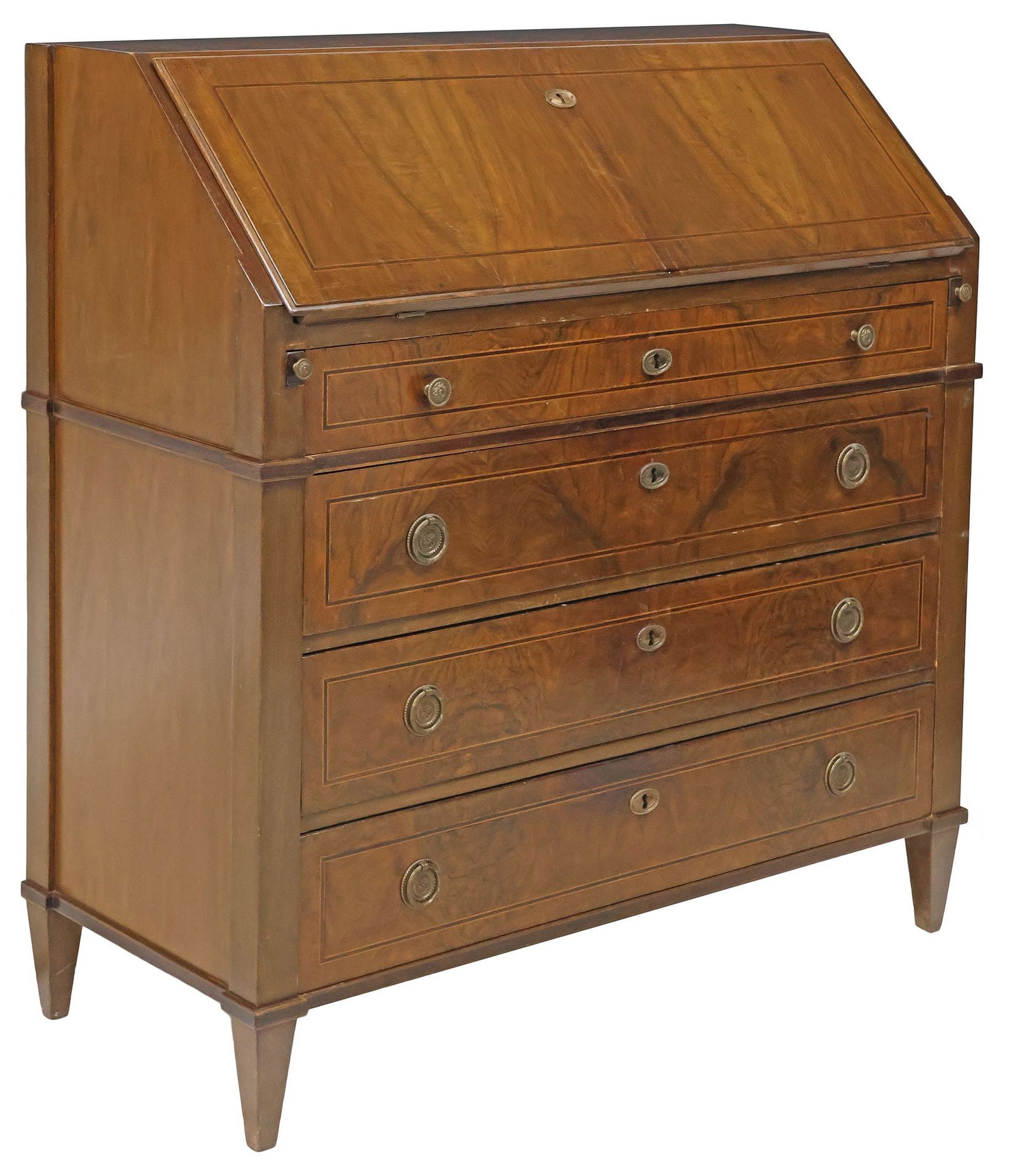 FRENCH NEOCLASSICAL STYLE INLAID BURL WALNUT SLANT-FRONT SECRETARY: French Neoclassical style figured walnut fall-front secretary, late 19th c., having slant-front case revealing writing surface and interior gallery, over four drawers with stringwork trim, rising on t