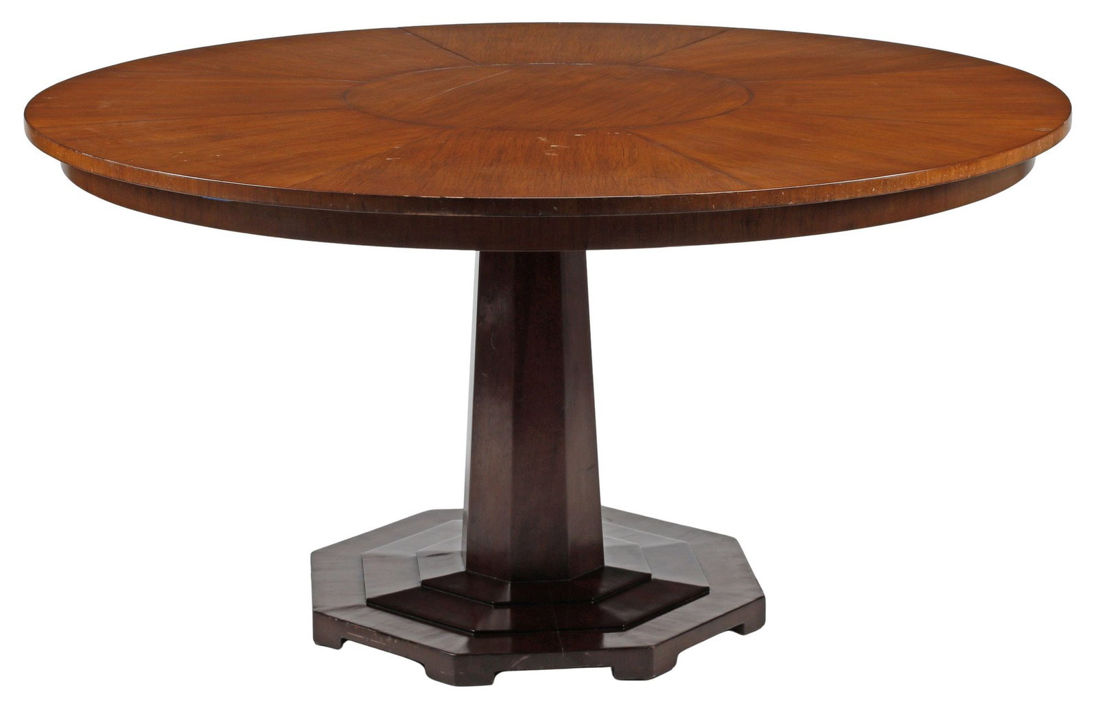 LARGE NEOCLASSICAL STYLE PEDESTAL CENTER TABLE, THE SQUIRES COMPANY, 56"DIAM: Large Neoclassical style mahogany center table, The Squires Company, 21st c., having circular top, rising on paneled pedestal and footed octagonal base, retaining makers plaque on bottom, approx 29"h,