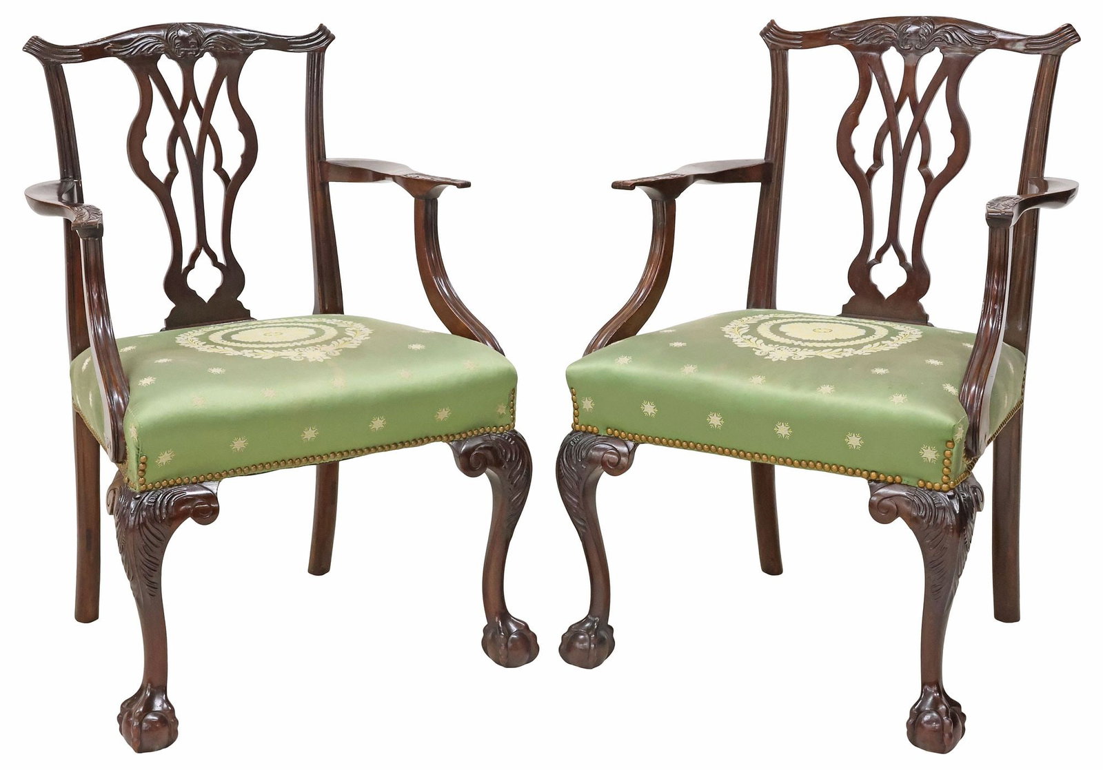 (2) ENGLISH CHIPPENDALE STYLE SILK-UPHOLSTERED MAHOGANY ARMCHAIRS (1 of 7)