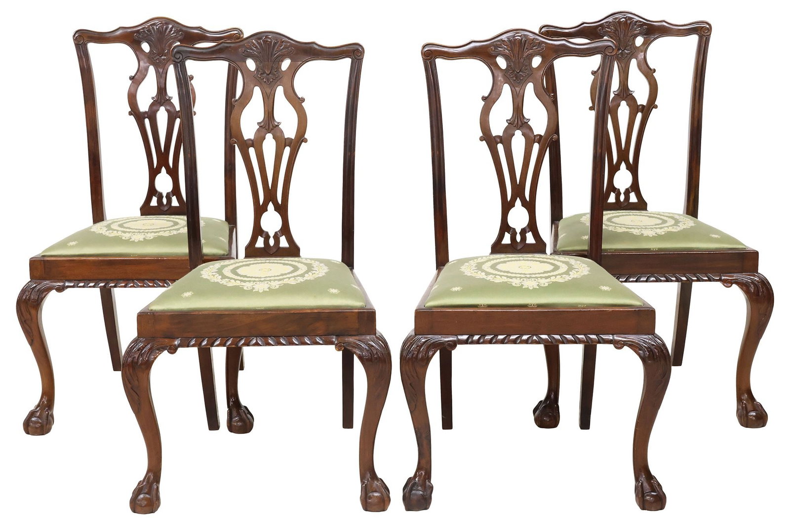 (4) ENGLISH CHIPPENDALE STYLE SILK-UPHOLSTERED MAHOGANY SIDE CHAIRS: (lot of 4) English Chippendale style mahogany dining chairs, 19th c., each with shaped crest, over pierced splat, Tassinari & Chatel silk-upholstered slip seat, rising on cabriole legs, ending on claw