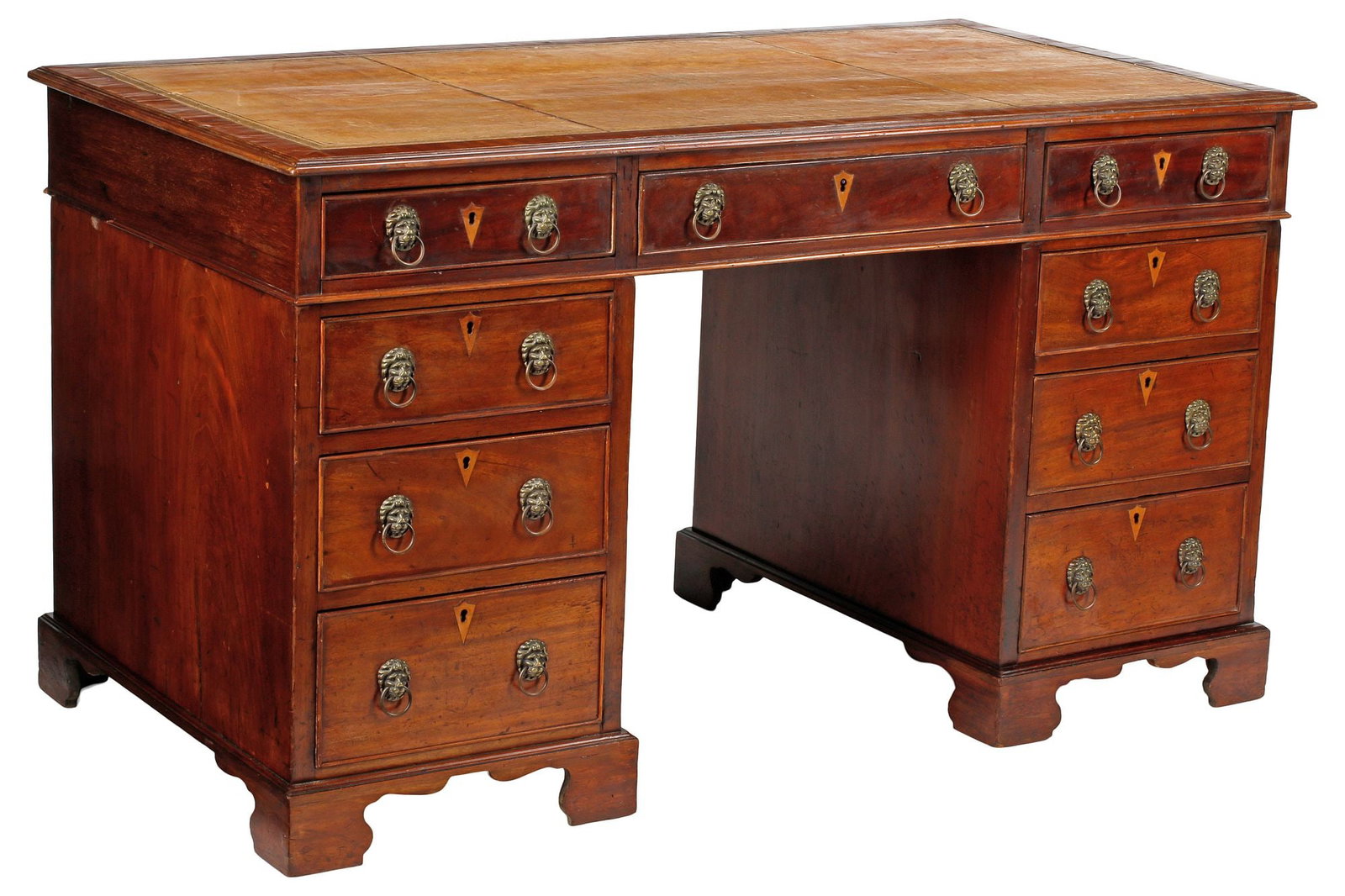 LARGE GEORGIAN STYLE LEATHER-TOP MAHOGANY KNEEHOLE PEDESTAL DESK (1 of 5)