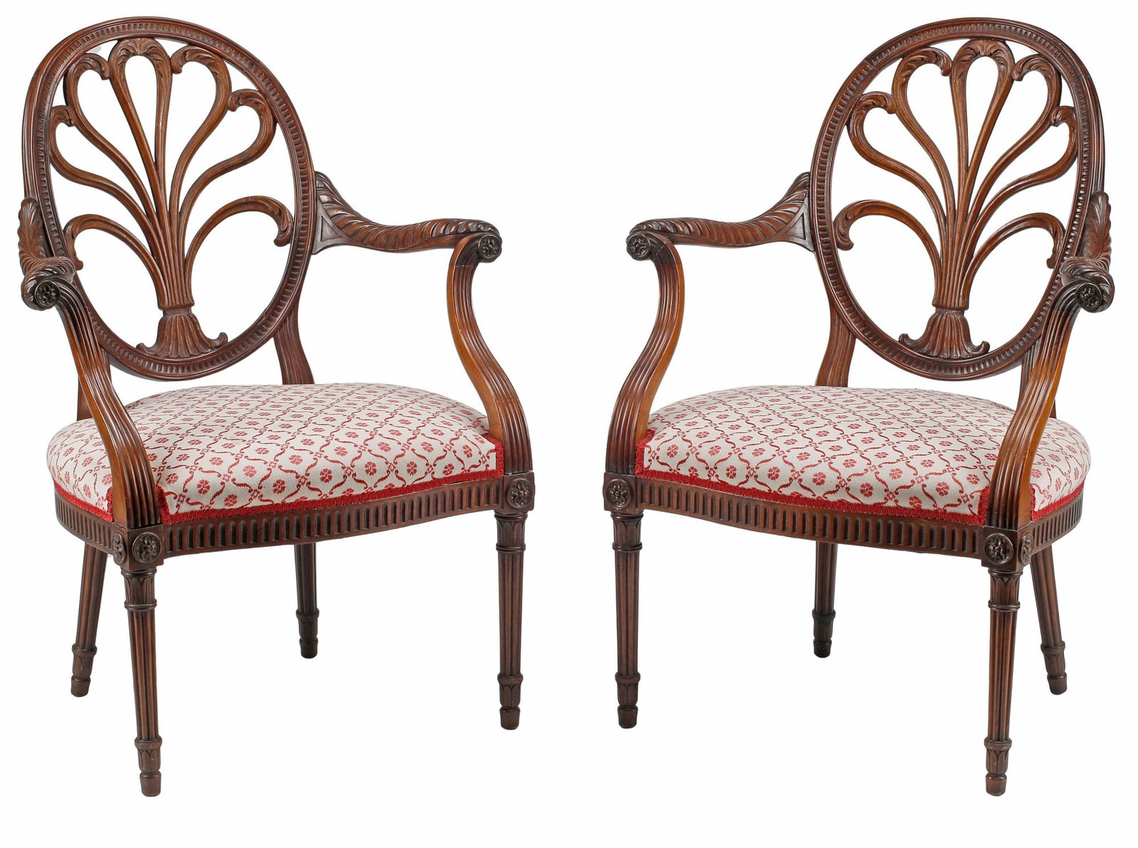 (2) GEORGIAN STYLE CARVED & UPHOLSTERED OPEN ARMCHAIRS: (pair) Georgian style carved and upholstered armchairs, each having oval medallion back with openwork scrolling bouquet, over padded seat in patterned fabric upholstery, rising on tapering fluted legs