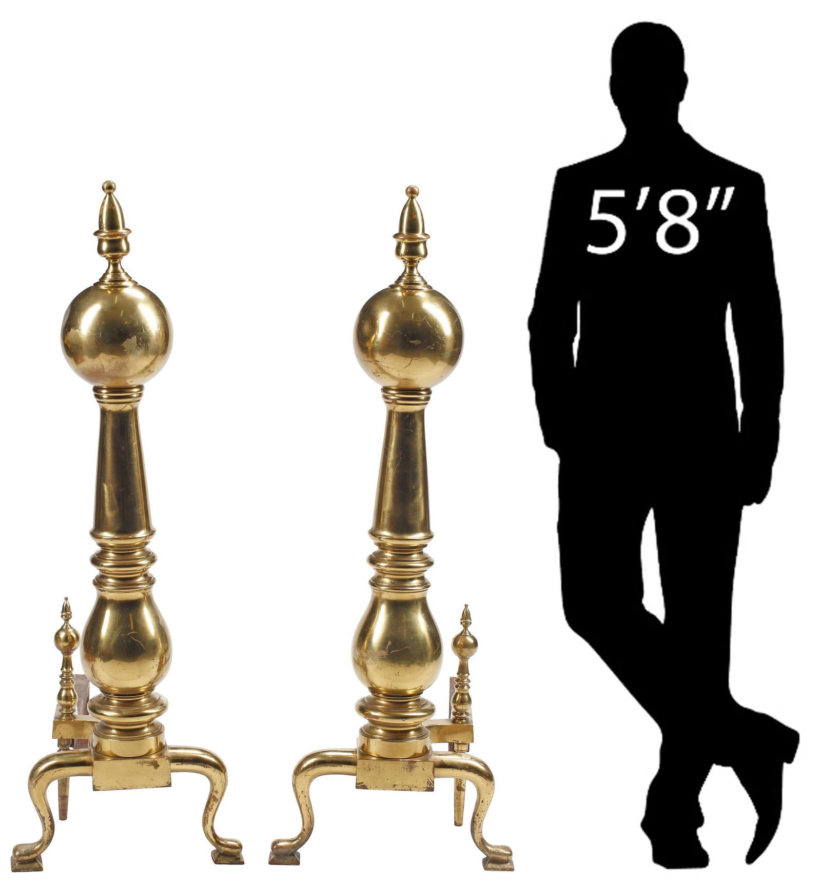 (2) MONUMENTAL ENGLISH-STYLE GILT BRASS FIREPLACE ANDIRONS, 48"H: (pair) Monumental English-style gilt-brass fireplace andirons/ chenets, each having bulbous pointed finial, over turned-form standard, rising on curved feet, approx 48"h, 17.5"w, 31"d