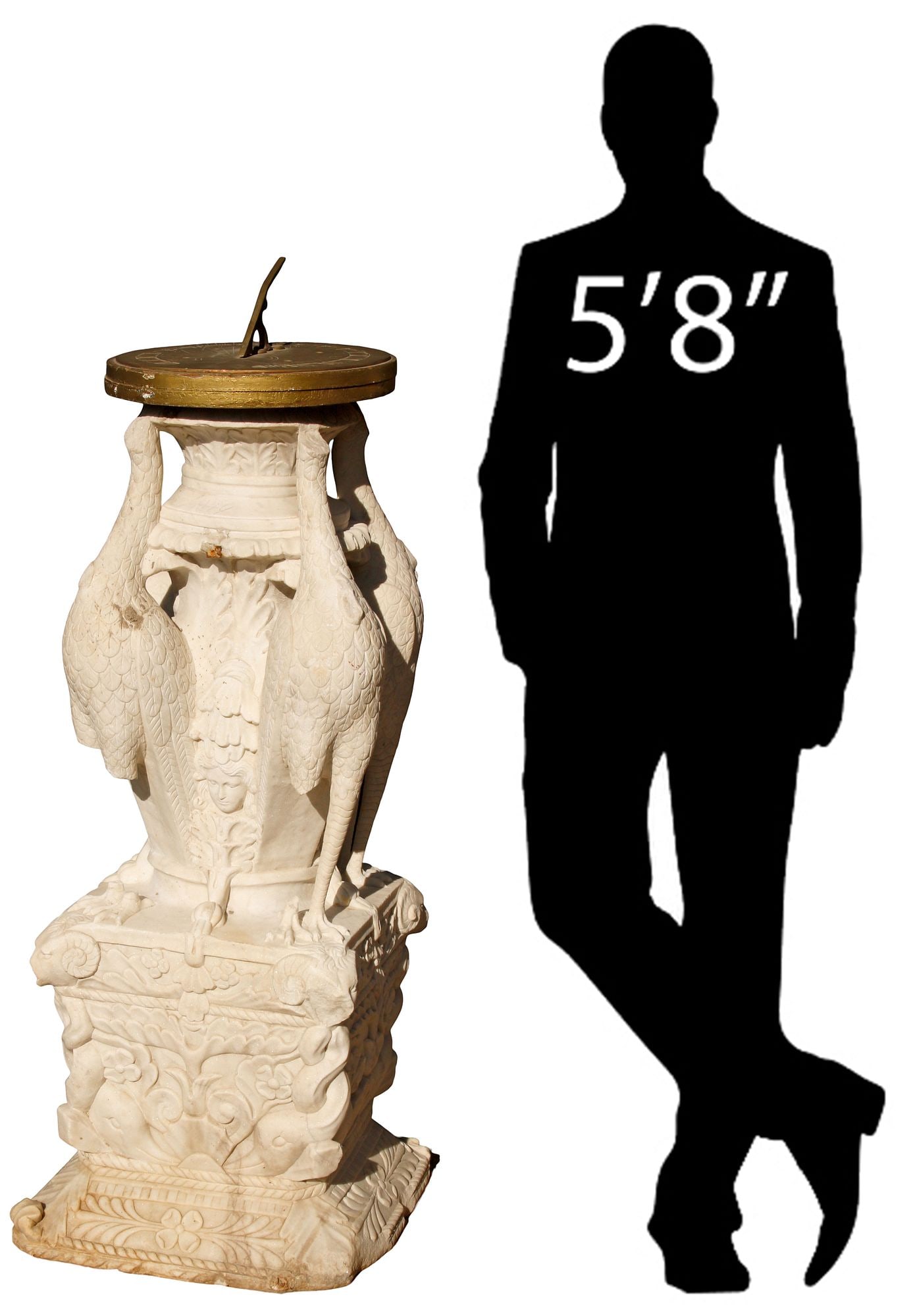 CARVED MARBLE & BRONZE SUNDIAL AFTER PIRANESI'S 'NEWDIGATE CANDELABRA': Large Neoclassical style carved Carrara marble sundial, after the antique "Newdigate Candelabra" by Giovanni Battista Piranesi (Italian, 1720-1778), bronze dial with Roman numeral markers, inscribed "