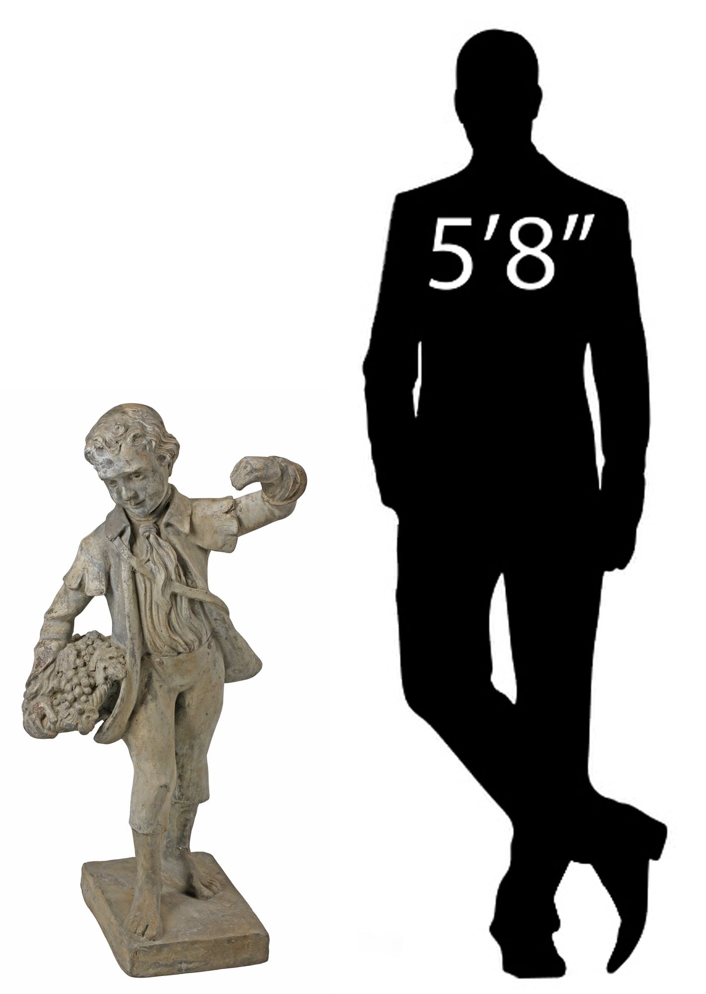 LARGE CONTINENTAL LEAD SCULPTURE OF A FRUIT VENDOR, 18TH / 19TH C.: Continental cast lead figural sculpture, 18th/ 19th c., modeled as a young male fruit vendor, carrying a basket of produce, rising on integral square plinth, approx 38"h, 19"w, 13"d, 121lbs