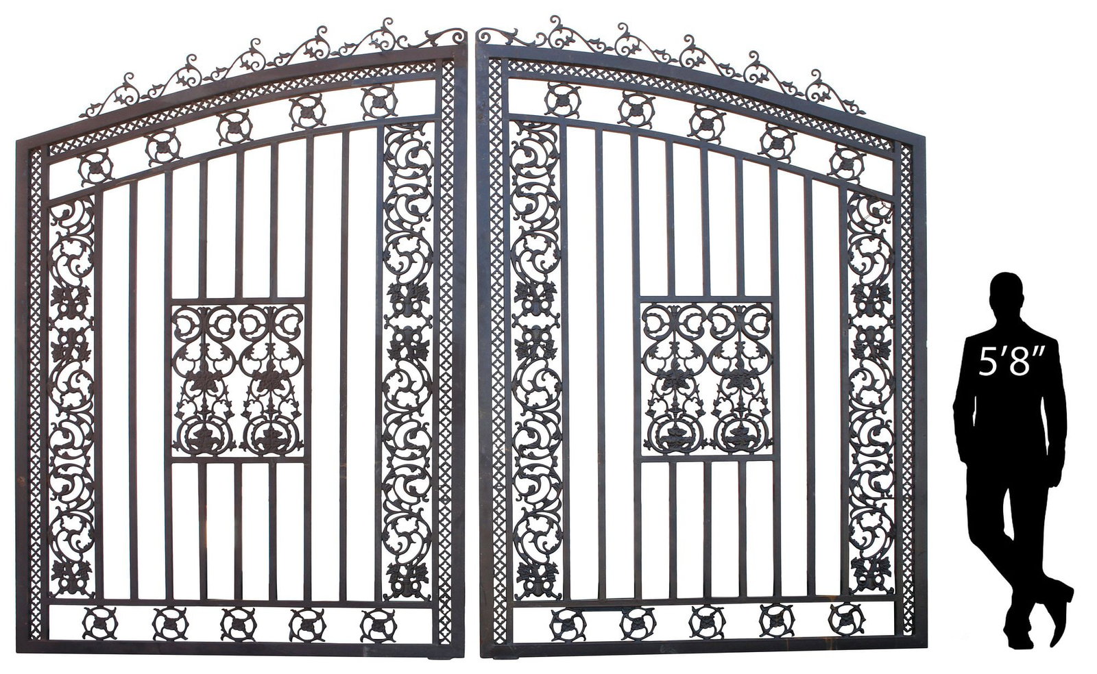 (2) MONUMENTAL ARCHITECTURAL FOLIATED CAST IRON ESTATE GATES, 115"H x 157"W: (pair) Monumental architectural cast iron estate gates, each arched frame having wrought iron scrolled crest, above repeated roundels and cast scrolled foliate panels, approx 115"h, 157"w **PLEASE NOT