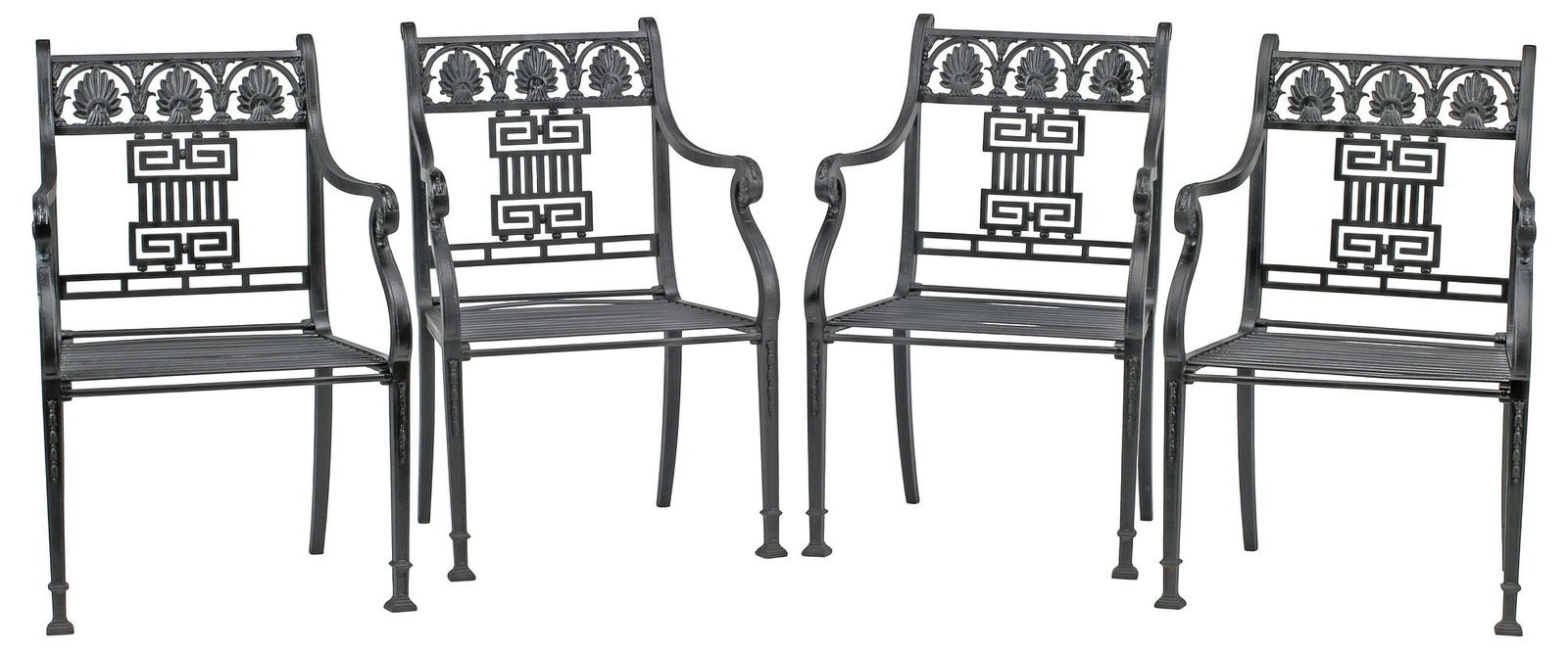 (4) NEOCLASSICAL GREEK REVIVAL STYLE CAST IRON OUTDOOR ARMCHAIRS: (lot of 4) Neoclassical Greek Revival style cast iron outdoor patio armchairs, each openwork splat with acanthus leaves over fluted Ionic column, slatted seat, rising on tapering legs, approx 34"h, 22