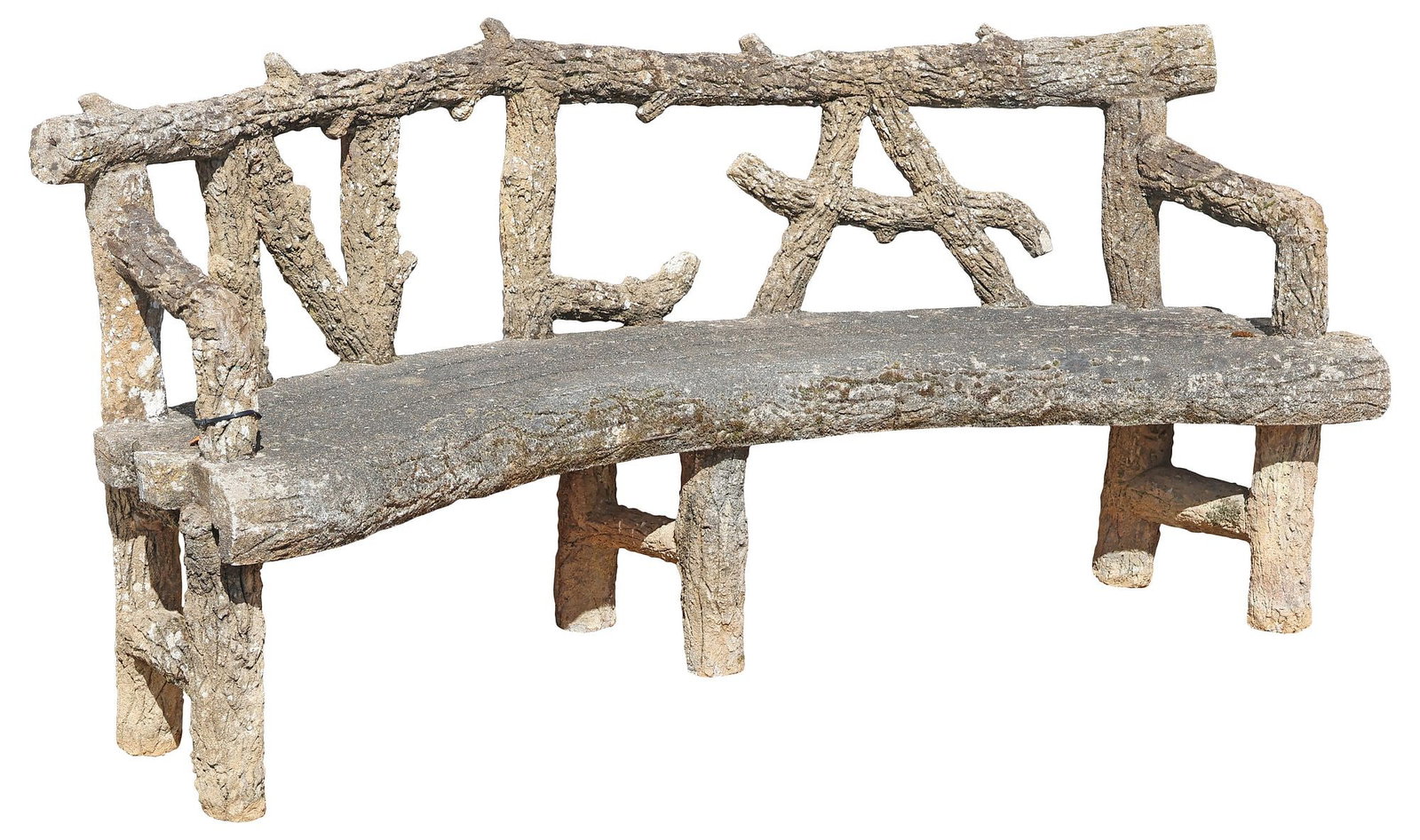LARGE FRENCH CAST STONE FAUX BOIS GARDEN BENCH, MONOGRAM 'NLA' (1 of 3)