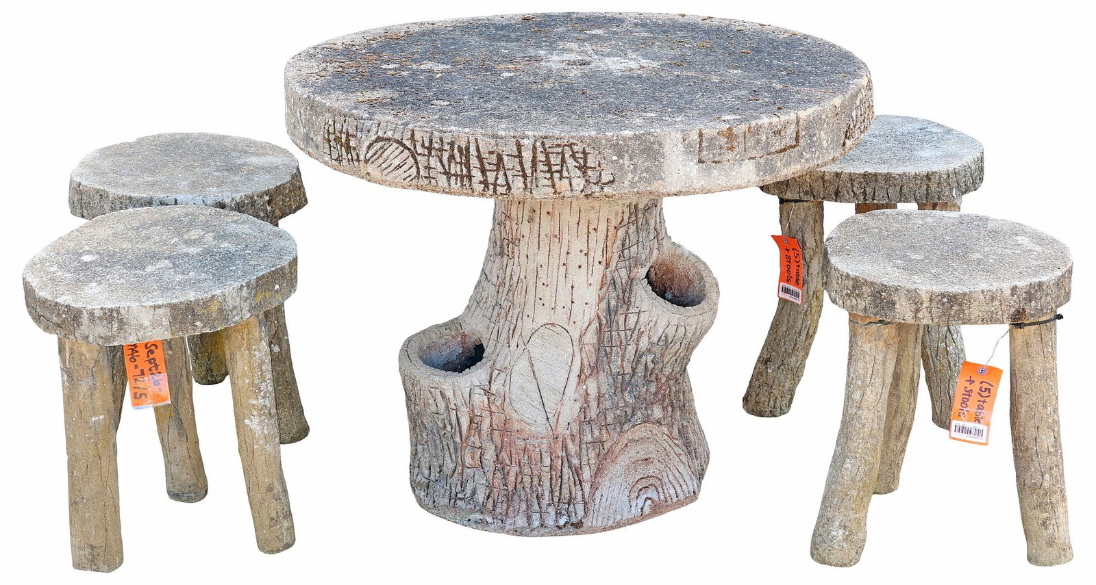 (5) FRENCH CAST STONE FAUX BOIS GARDEN TABLE & STOOLS: (lot of 5) French cast stone faux bois garden set, including: (1) table, circular top with central pierced hole, and trunk-form base, intact with stable hairline extending from edge, approx 29"h, 35"d