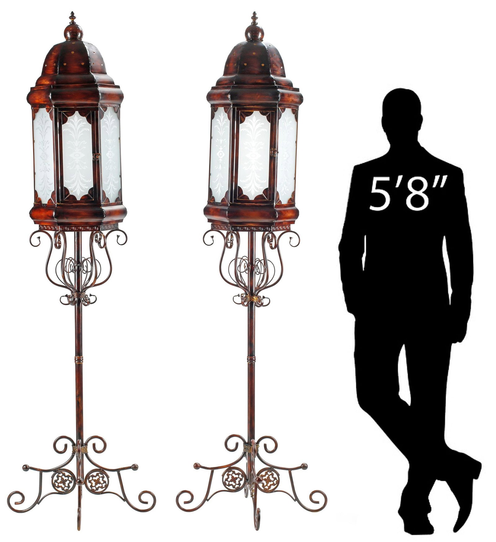 (2) TOLE & WROUGHT IRON HEXAGONAL STANDING FLOOR LANTERNS, 80"H (1 of 6)