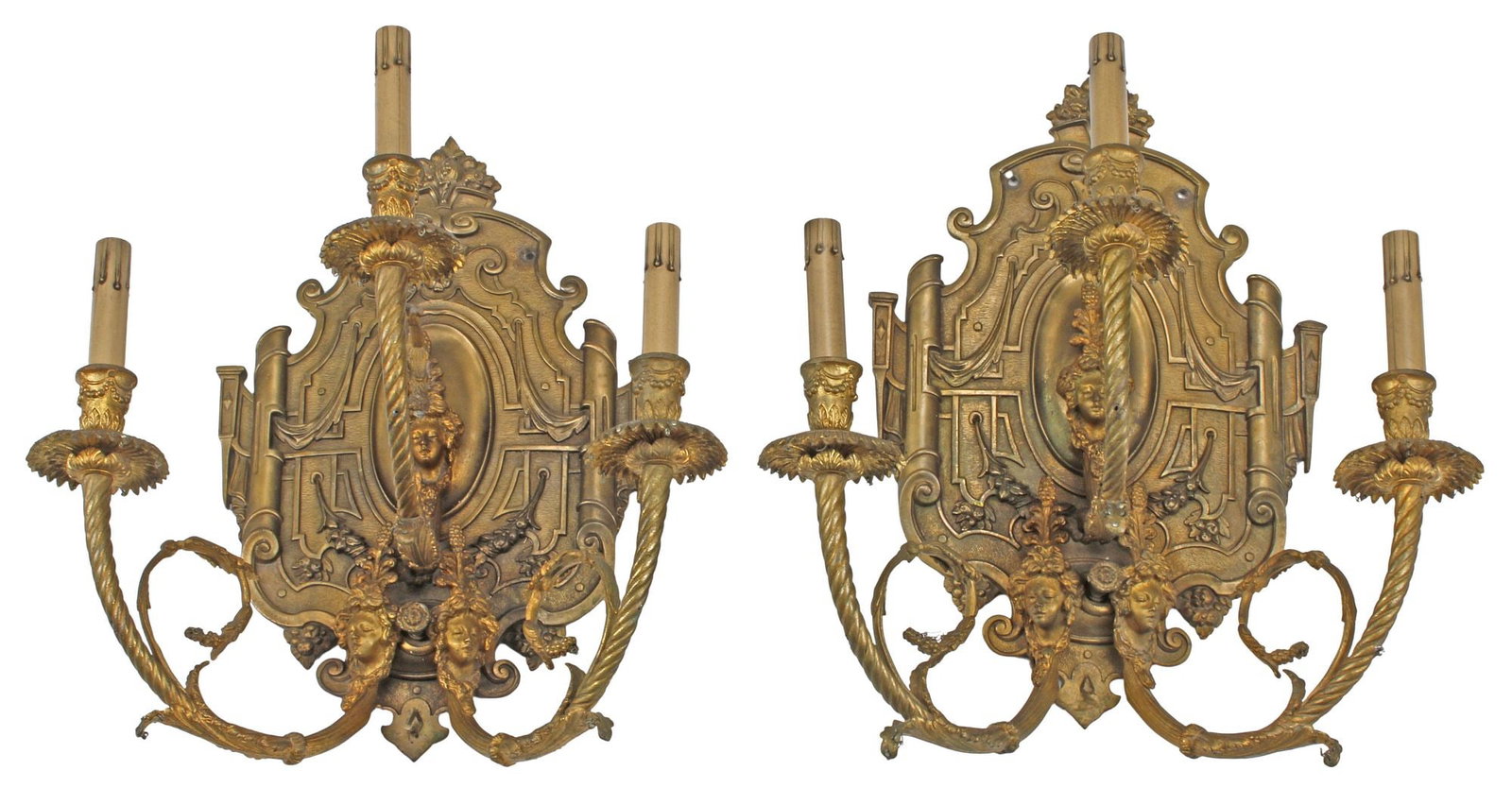 (2) REGENCE STYLE ORMOLU RELIEF PLAQUE 3-LIGHT WALL SCONCES, 19"H (1 of 7)