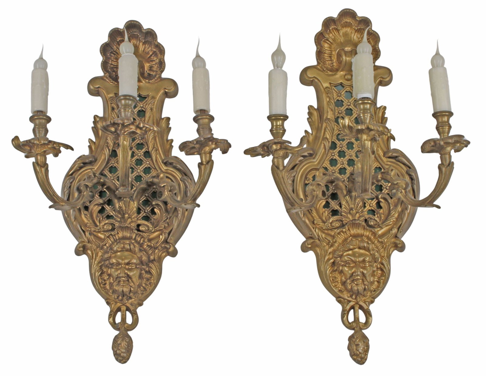 (2) FRENCH REGENCE STYLE LATTICED ORMOLU 3-LIGHT WALL SCONCES (1 of 5)