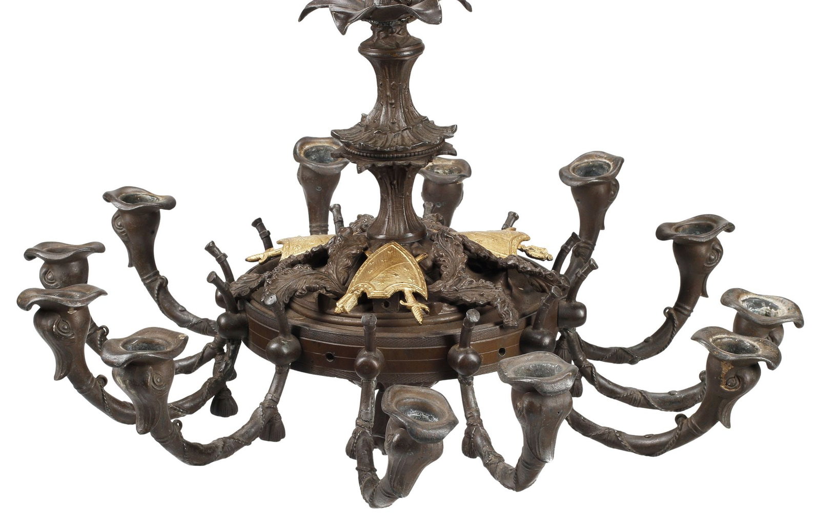 FRENCH RENAISSANCE REVIVAL PARCEL-GILT BRONZE 12-LT CHANDELIER: French Renaissance revival patinated bronze twelve-light candle chandelier/ candelier, 19th c., turned central standard with grape vinery and foliates, parcel-gilt heraldic shields, issuing scrolled
