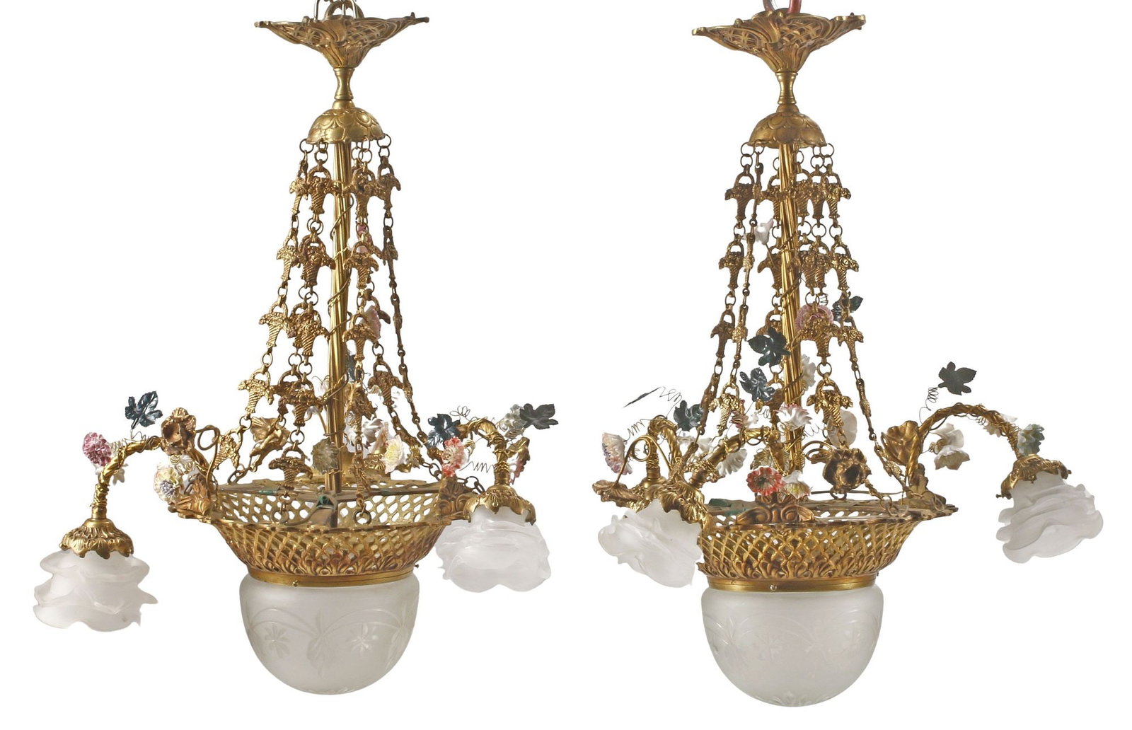 (2) LOUIS XV STYLE ORMOLU & PORCELAIN 'FLOWER BASKET' 4-LT CHANDELIERS: (pair) Louis XV style bronze dore four-light chandeliers, each having flared latticework body mounted with porcelain flowers, draped swags with basket motifs, above frosted glass shades and domed bowl