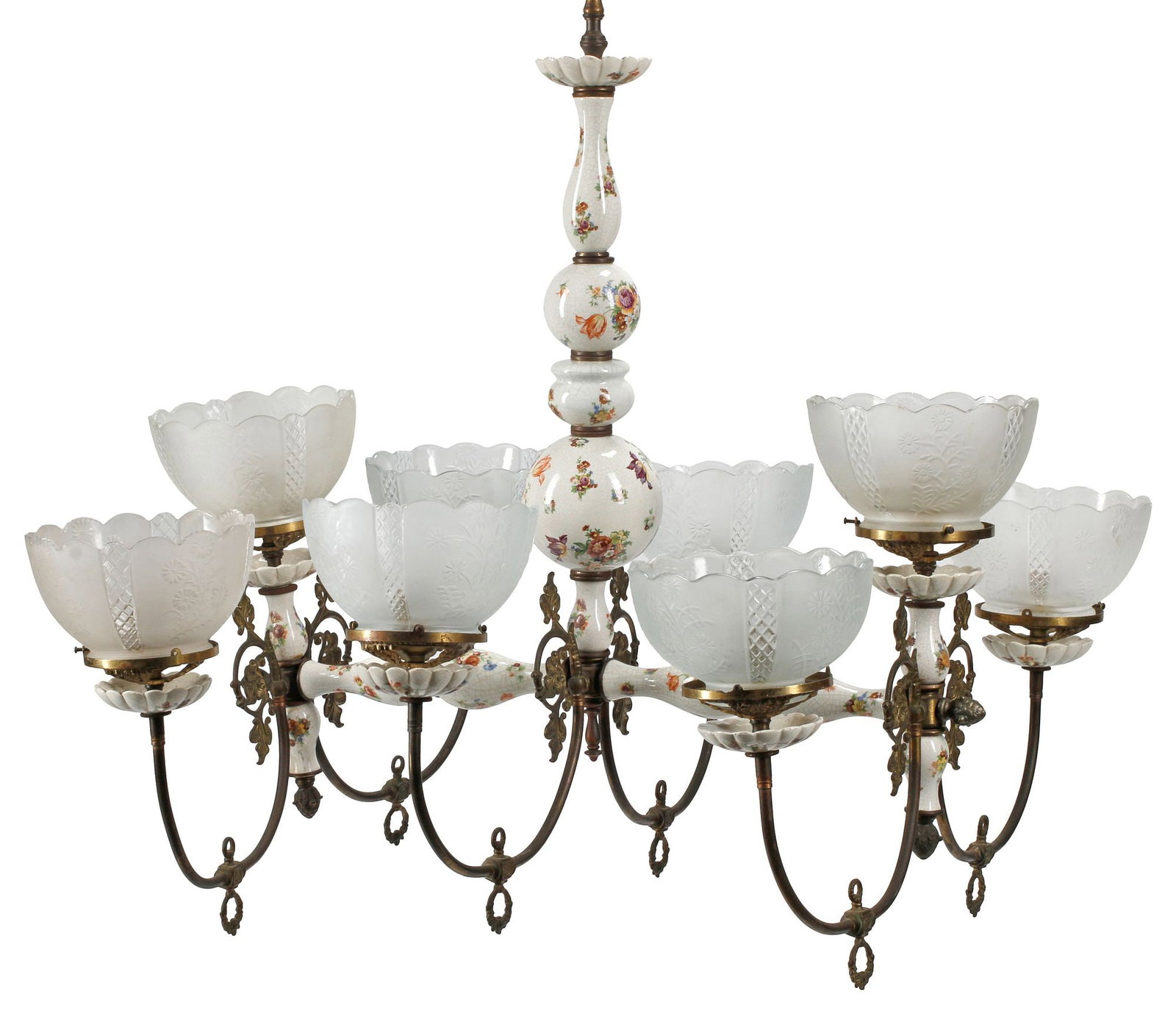 VINTAGE BRONZE & PORCELAIN 8-LIGHT CHANDELIER WITH GLASS SHADES (1 of 7)