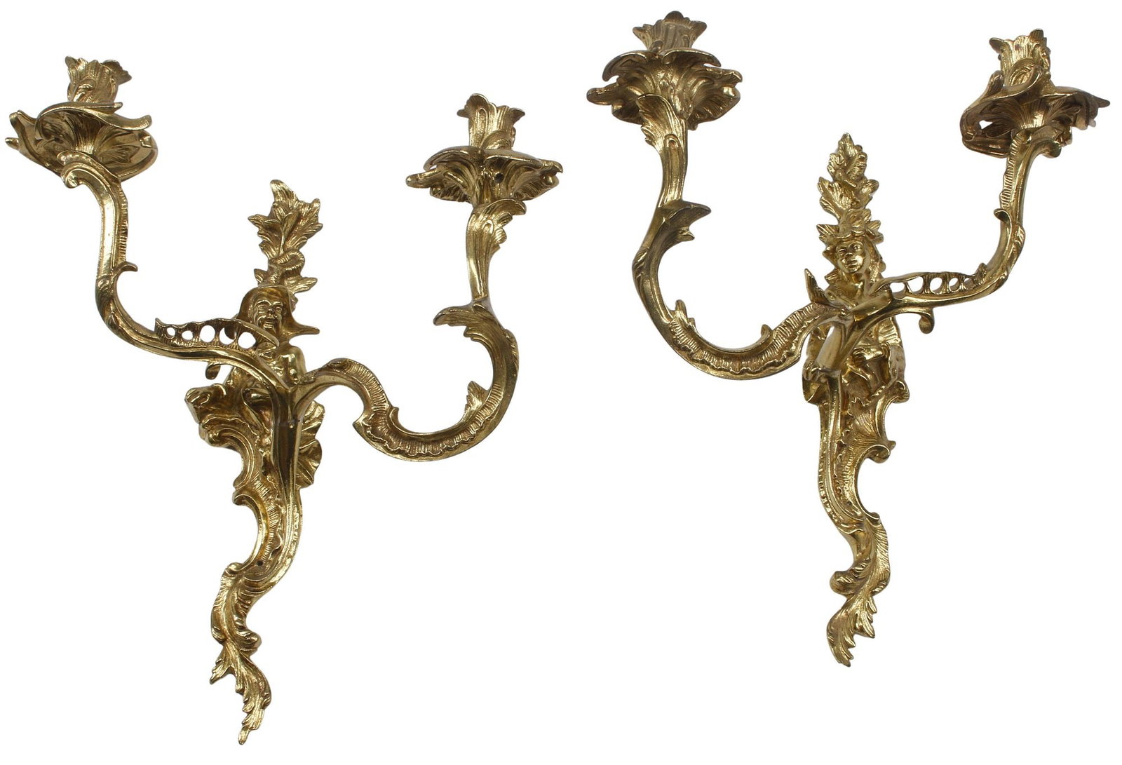 (2) LOUIS XV STYLE FIGURAL ORMOLU 2-LIGHT WALL SCONCES: (pair) Louis XV style bronze dore two-light wall sconces, each foliate wall mount with protruding figure, issuing two scrolled arms, terminating on floriform bobeches, in need of wiring, approx 16"h, 