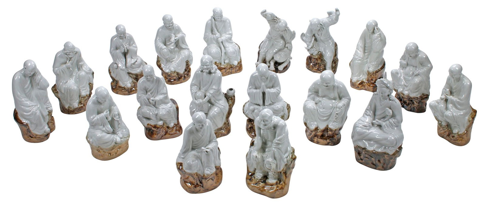 (18) CHINESE PORCELAIN FIGURES OF THE EIGHTEEN ARHATS: (lot of 18) Chinese "Blanc de Chine" porcelain figures of the Eighteen Arhats or Luohans, each with character marks underfoot, some intact with restorations, largest: approx 17.5"h, 11"w, 6.5"d, 190lb