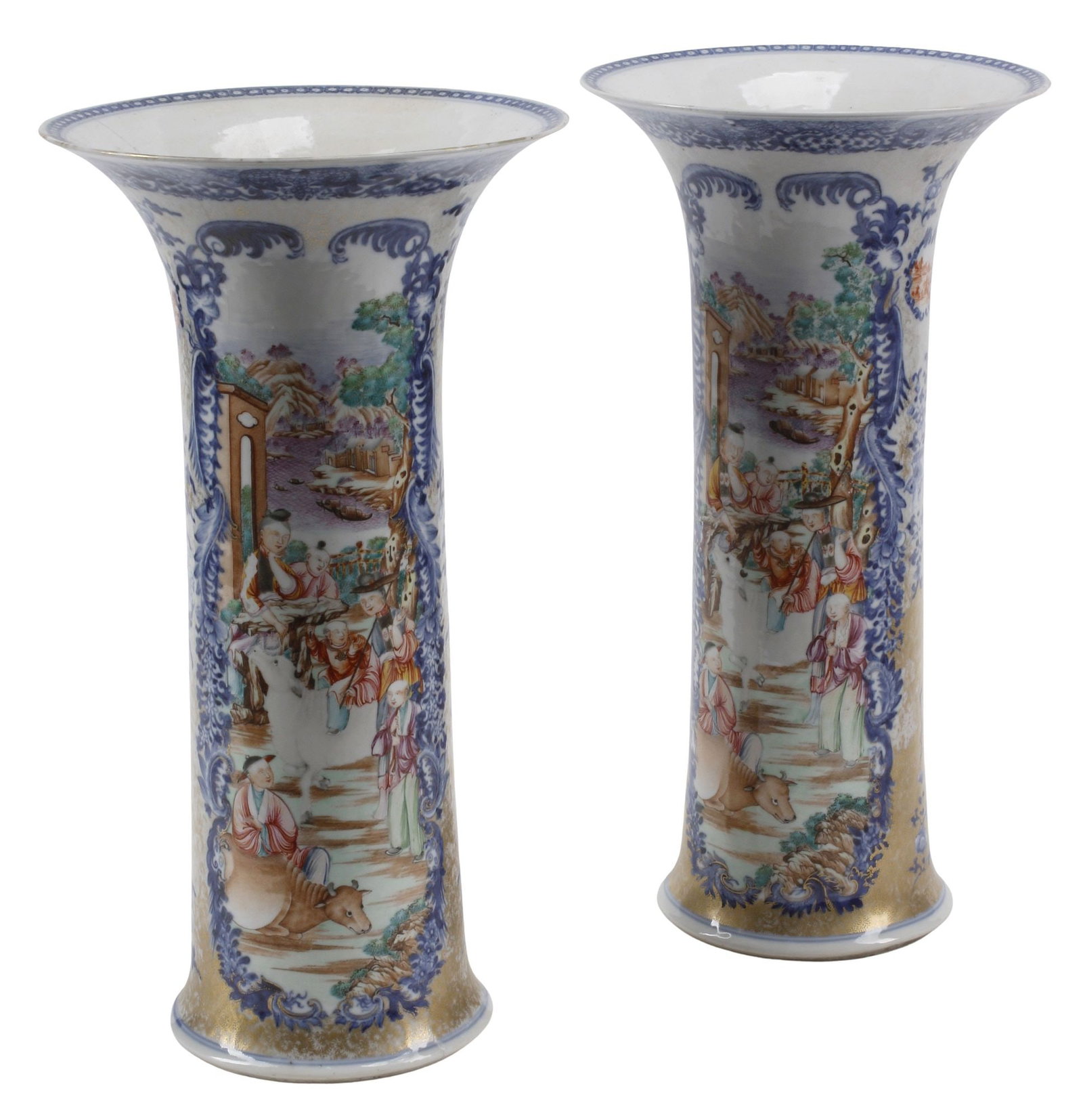 (2) CHINESE EXPORT MANDARIN PORCELAIN BEAKER VASES, 18TH C. (1 of 6)