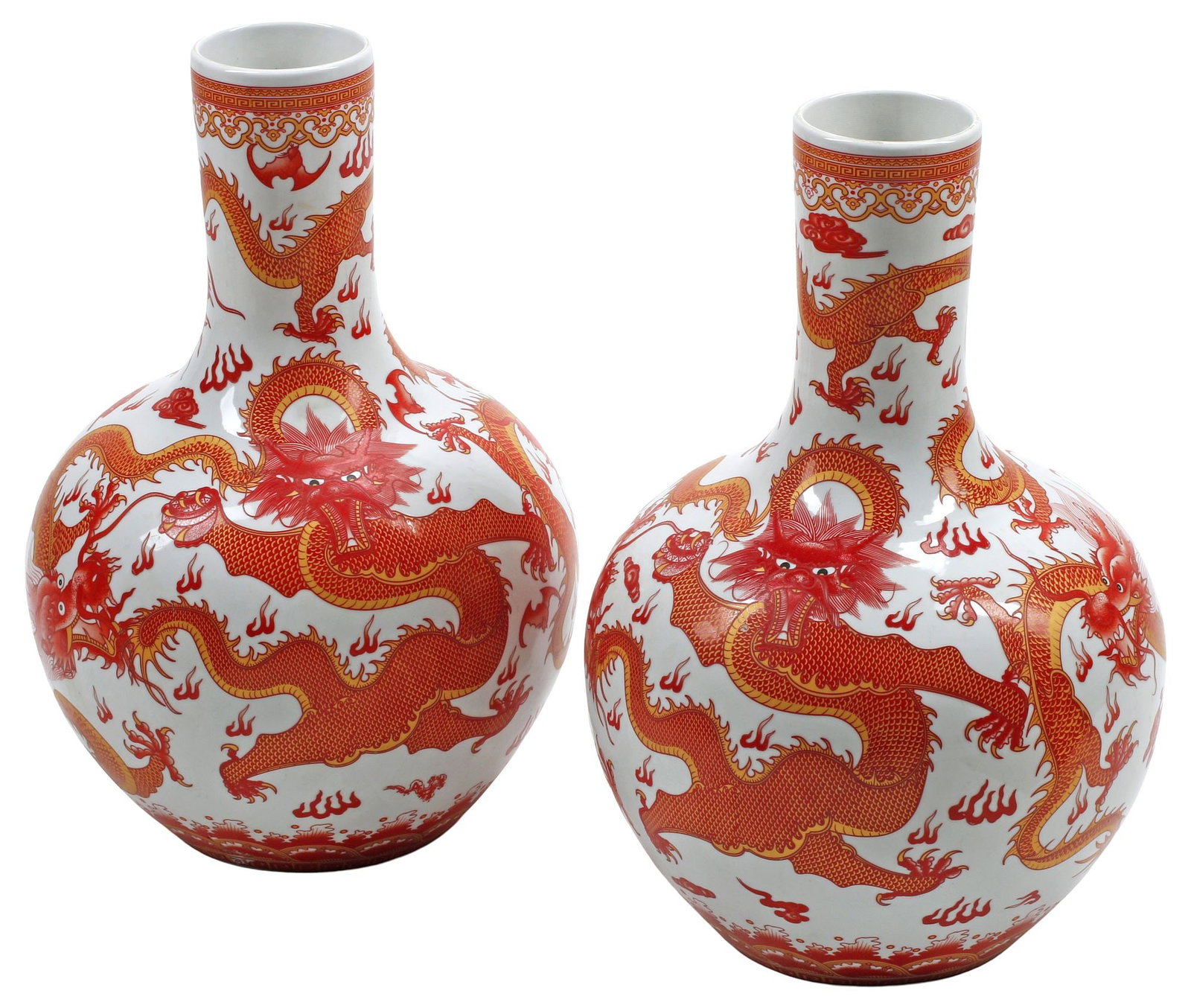 (2) CHINESE IRON RED PORCELAIN DRAGON MOTIF BOTTLE VASES (1 of 5)