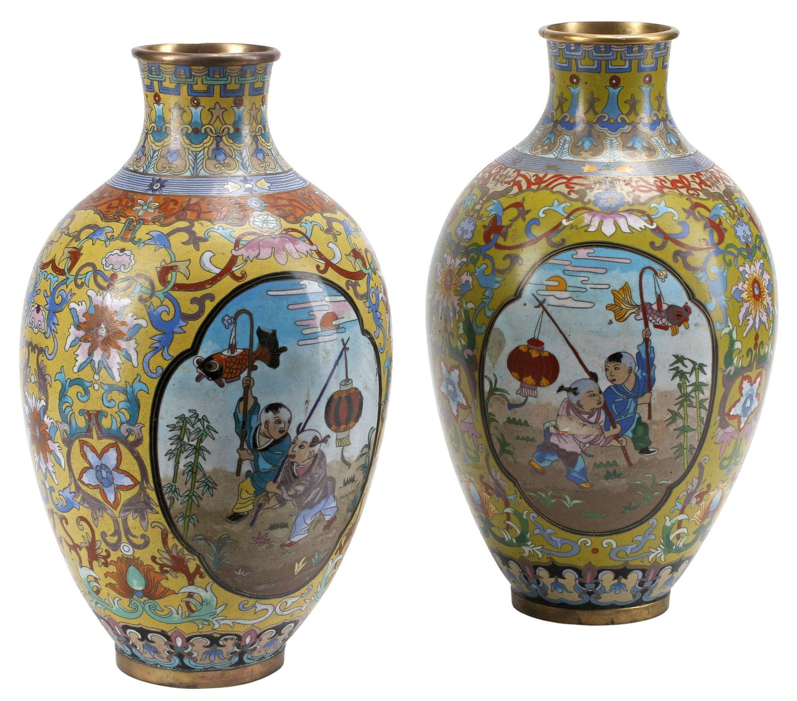 (2) CHINESE CLOISONNE ENAMEL FIGURAL VASES (1 of 6)