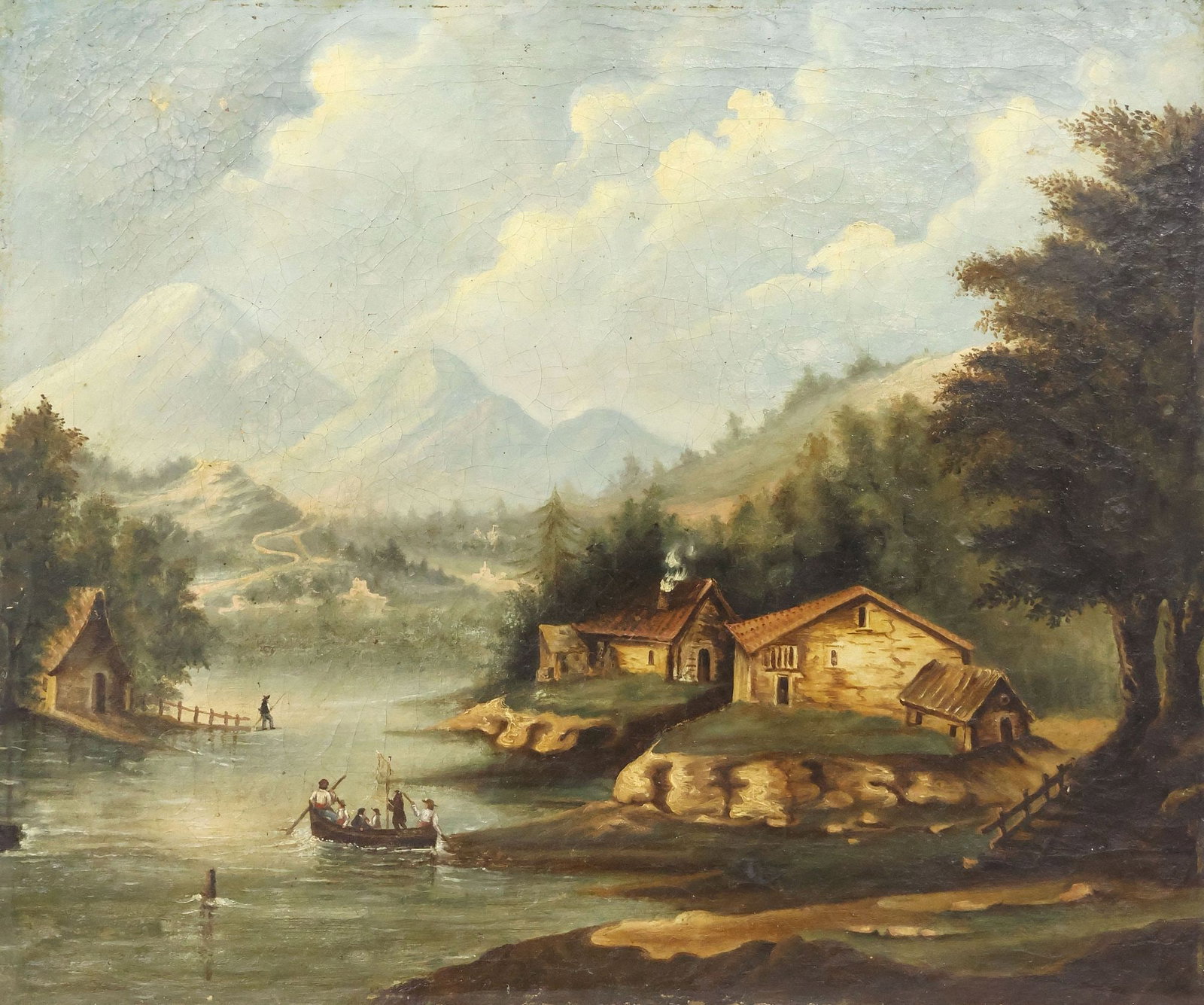 FRENCH SCHOOL PAINTING, WATERSIDE CABIN IN MOUNTAIN LANDSCAPE (1 of 5)