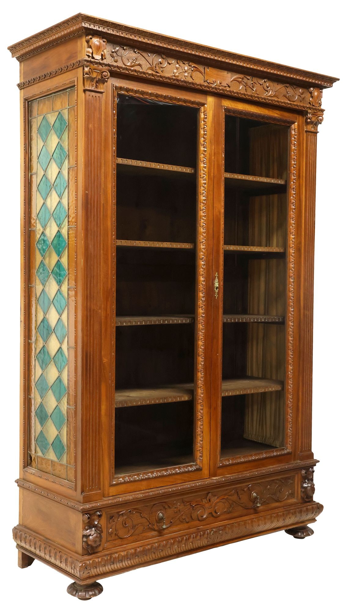 ITALIAN RENAISSANCE REVIVAL STAINED & LEADED GLASS WALNUT BOOKCASE (1 of 8)