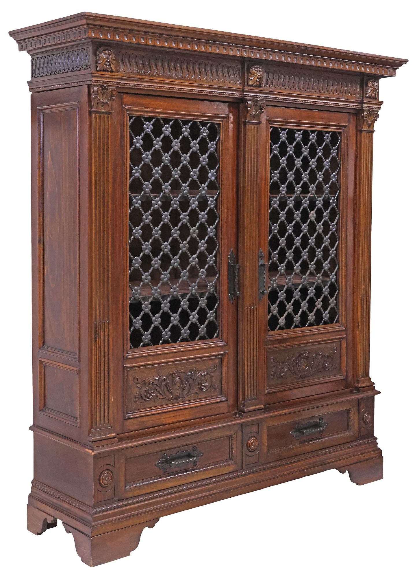 ITALIAN RENAISSANCE REVIVAL CARVED WALNUT & WROUGHT IRON BOOKCASE (1 of 5)