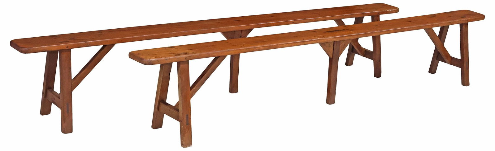 (2) RUSTIC FRENCH PROVINCIAL WALNUT TRESTLE BENCHES, 104.75"L: (pair) Rustic French Provincial oak farmhouse benches, early 20th c., having plank seats, rising on stretcher-joined A-frame trestle supports, approx 18.25"h, 104.75"w, 13"d